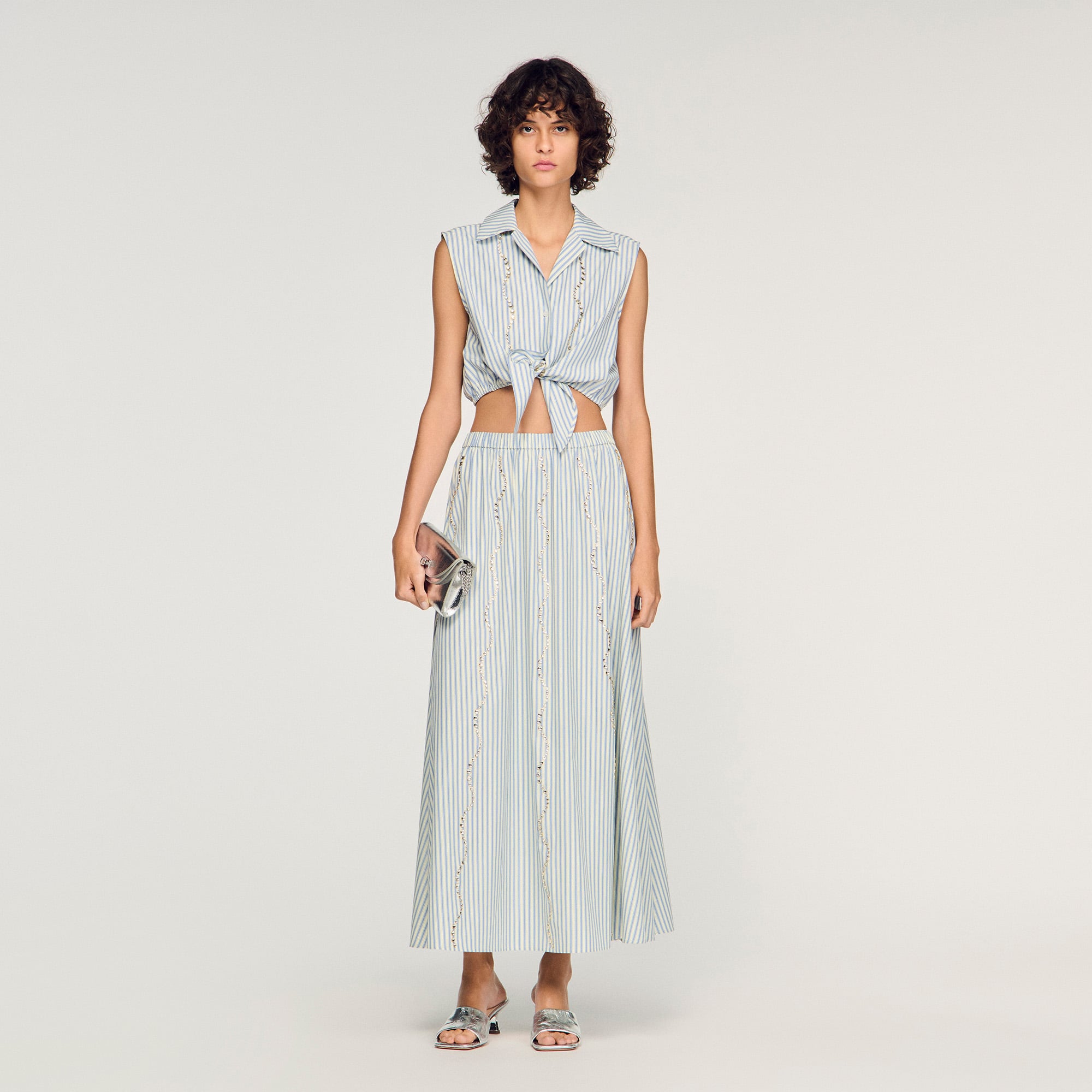 Rhinestone striped maxi skirt in Blue for Women | Sandro Paris