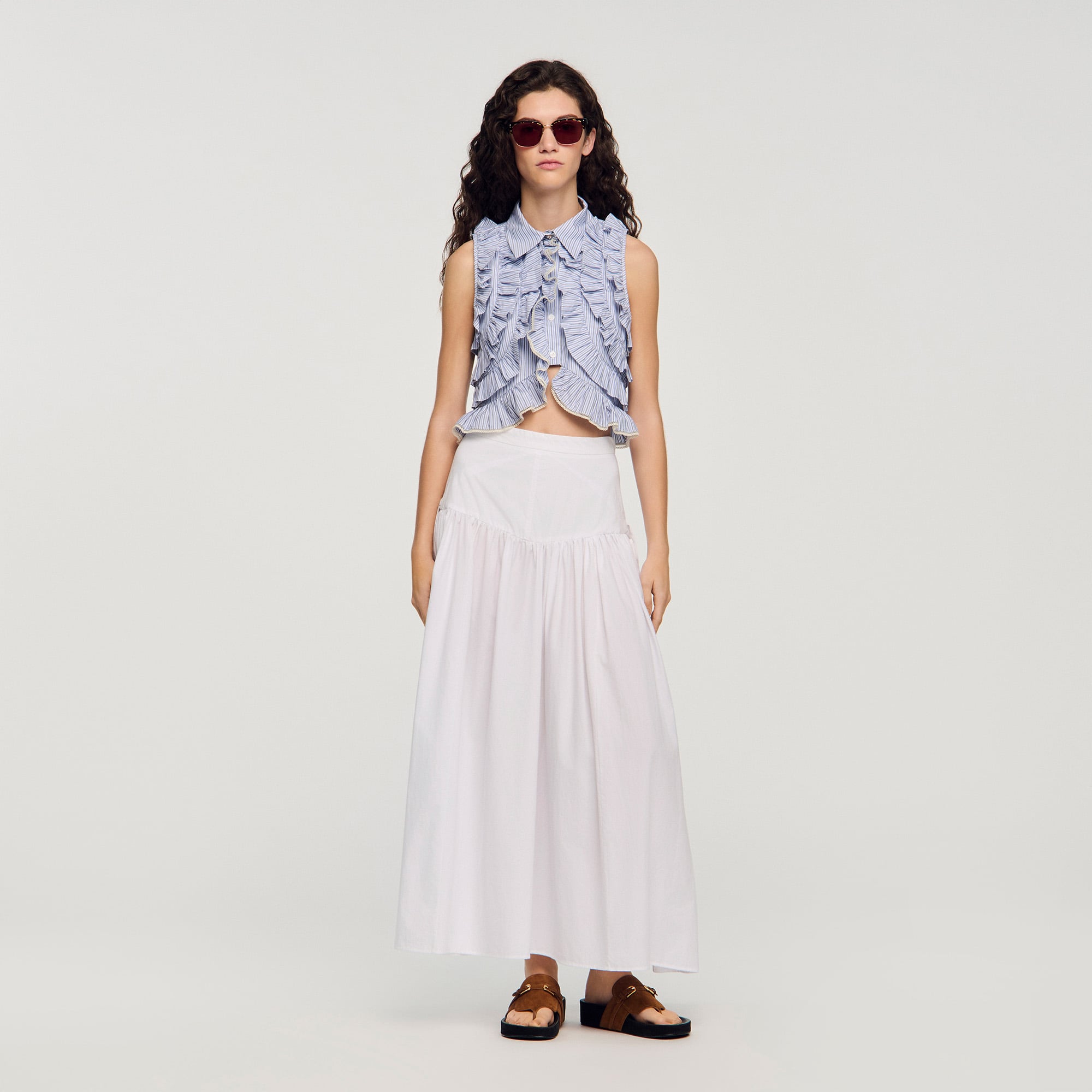 Sandro cotton Maxi flared skirt with cut-outs at the hips and ties on the sides