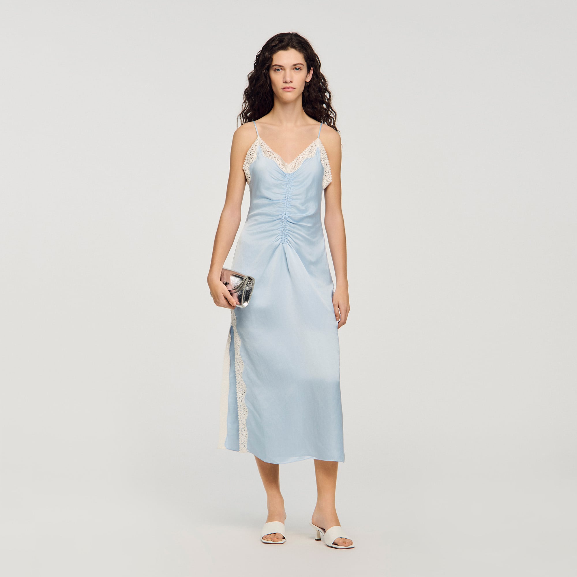 Sandro viscose Satin-effect maxi dress with V-neckline and spaghetti straps, featuring a fitted ruched top and straight skirt
