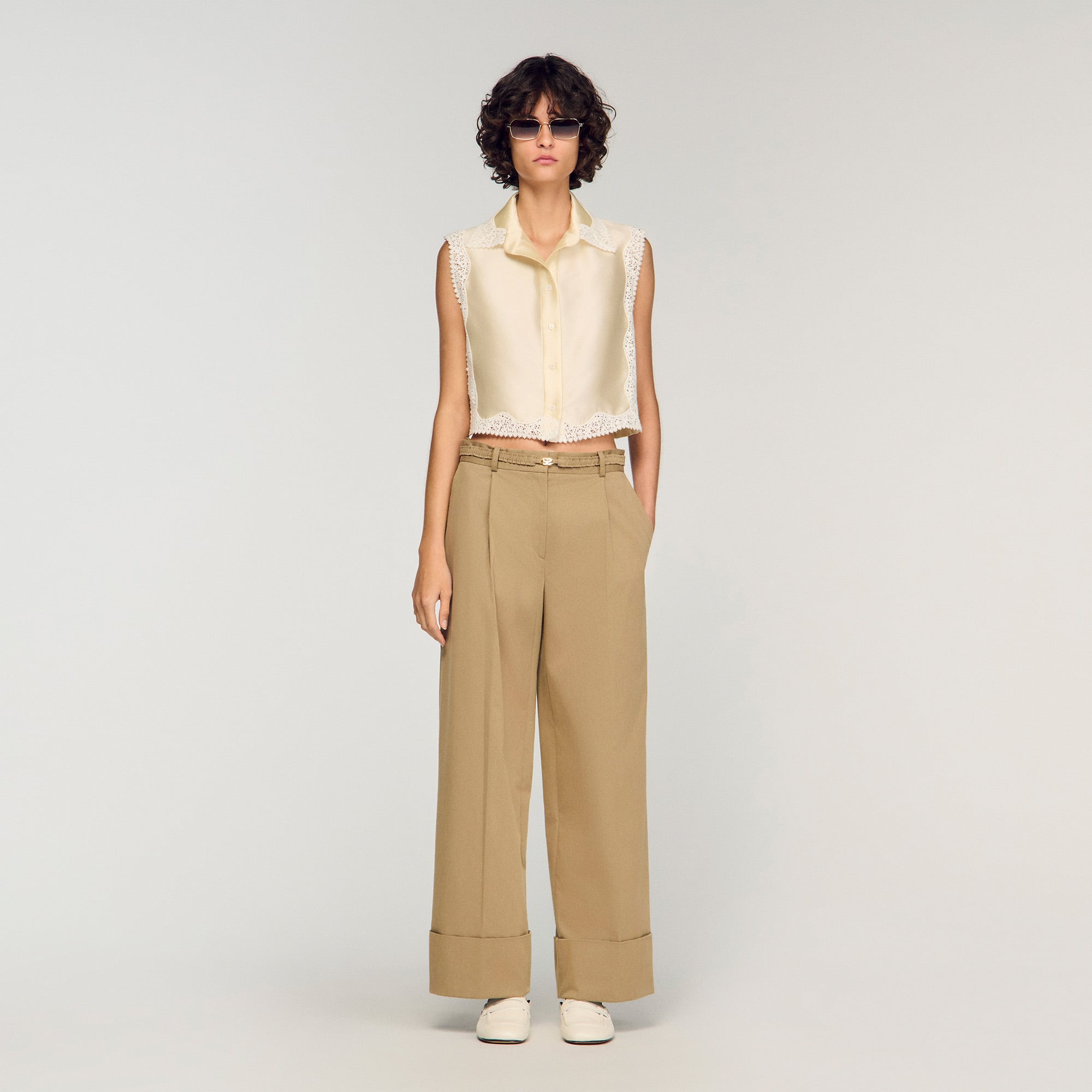 Sandro polyester Sleeveless cropped shirt with lace details, featuring a shirt collar and button fastening