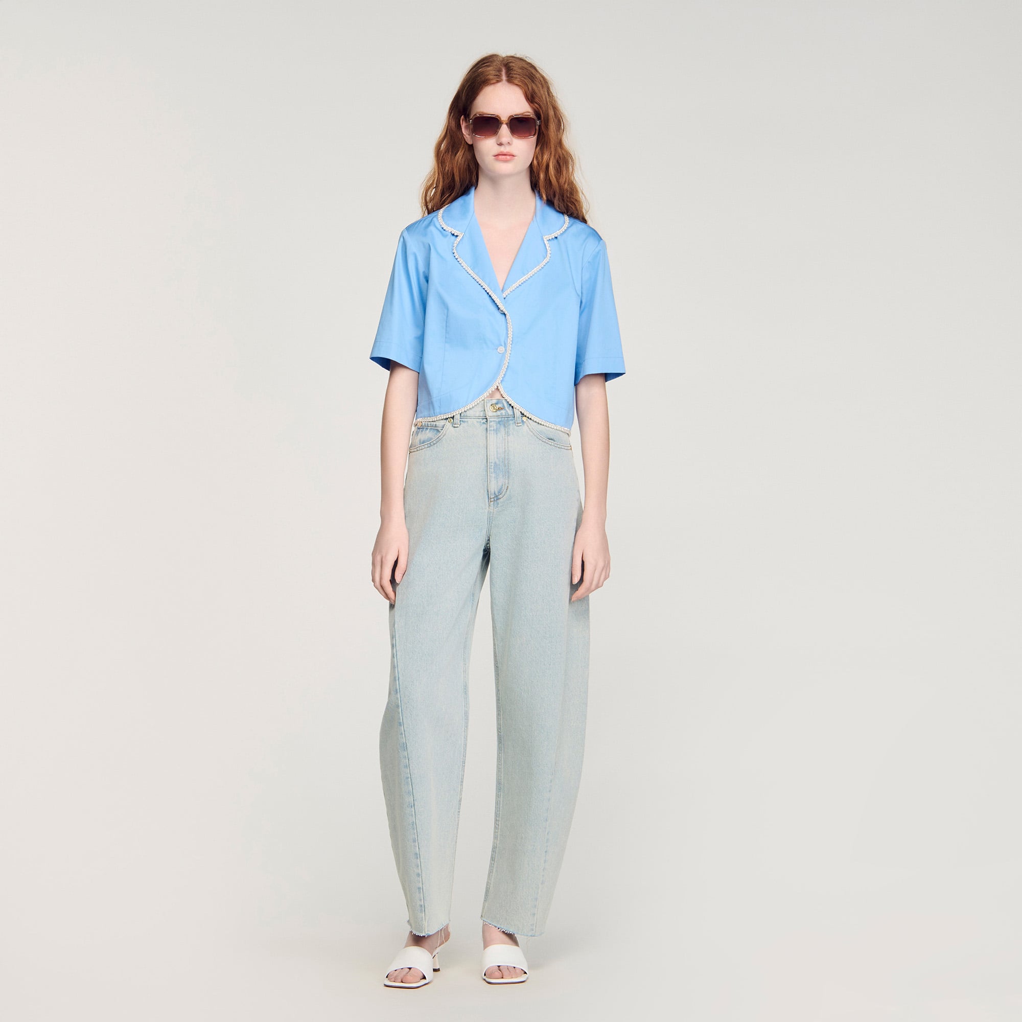 Cotton shirt with beaded trim in Blue for Women | Sandro Paris