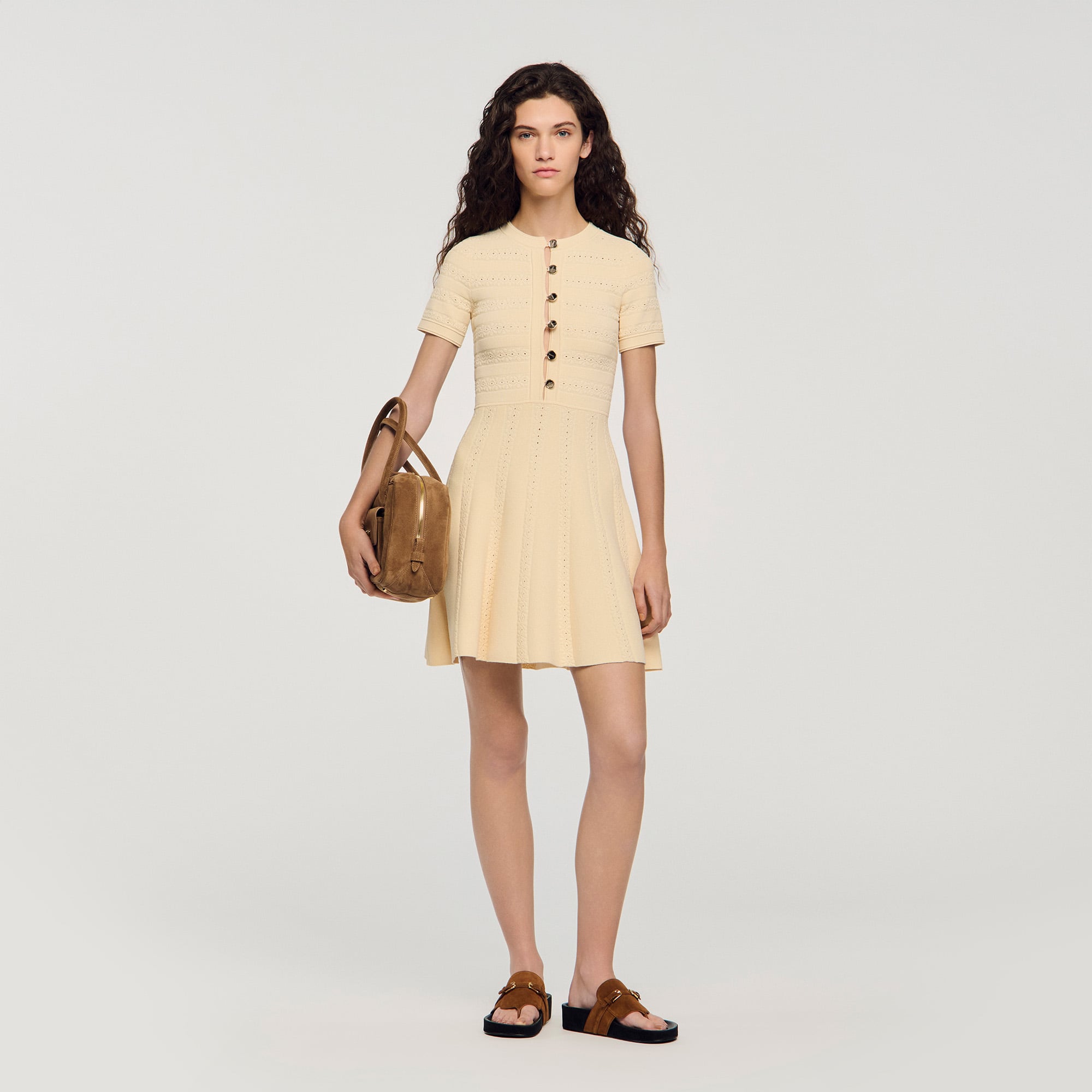 Floral print knit mini dress in Vanilla for Women | Sandro Paris