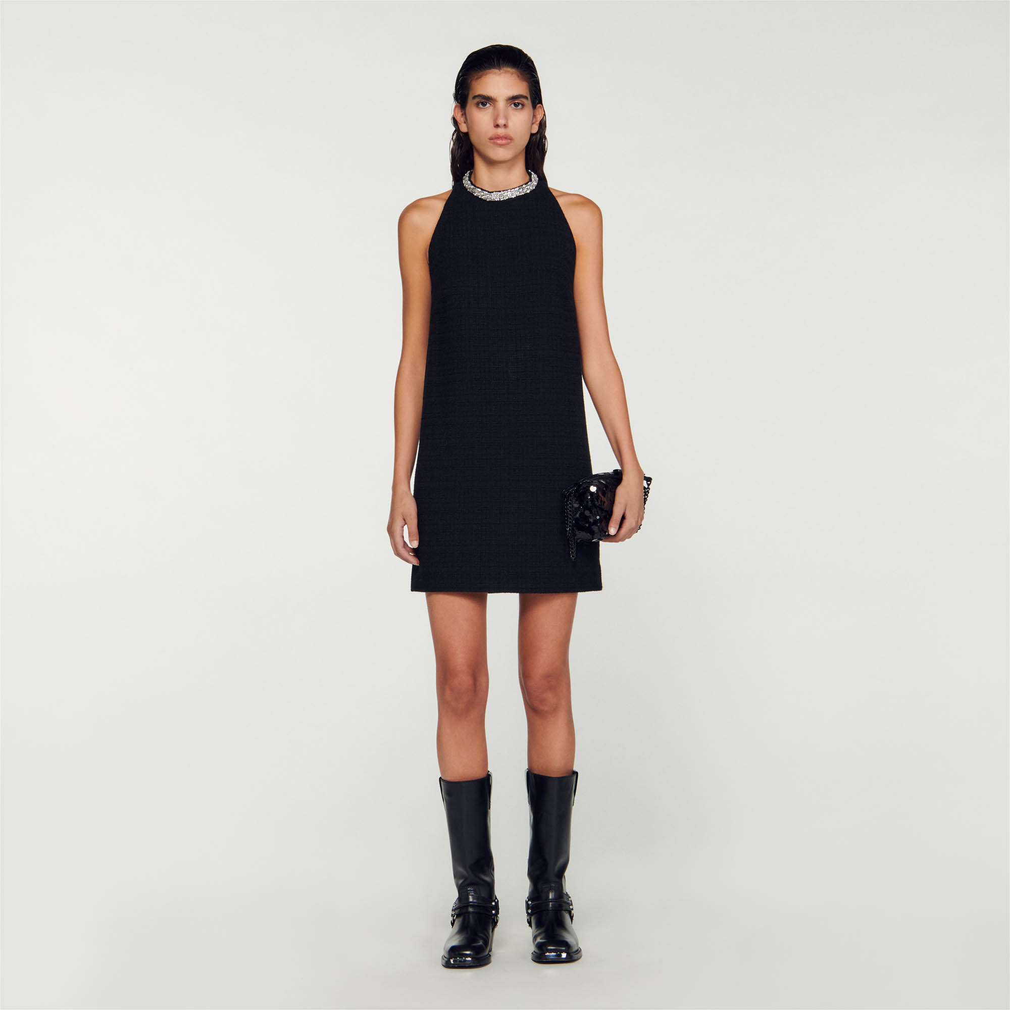 Sandro cotton Short tweed dress with a round collar embellished with jewelry details