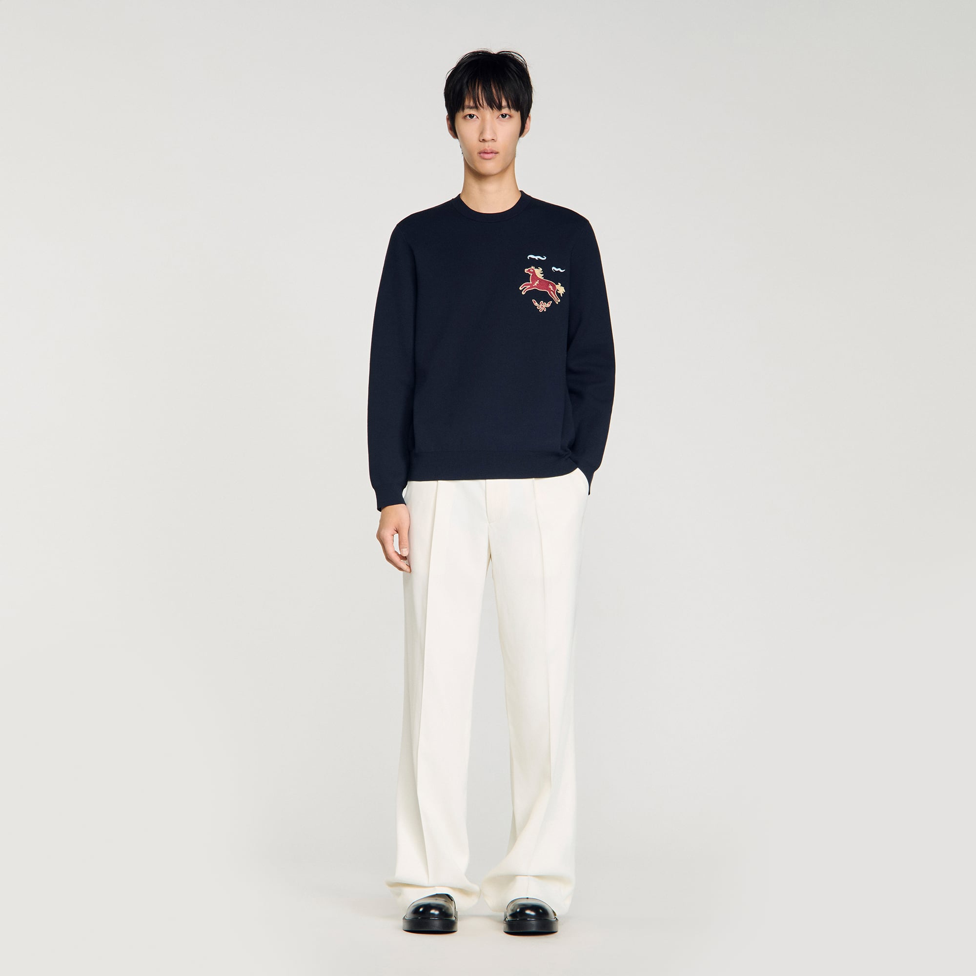 Sandro viscose Plain knit sweatshirt with a round neck and long sleeves, featuring a horse embroidery on the chest