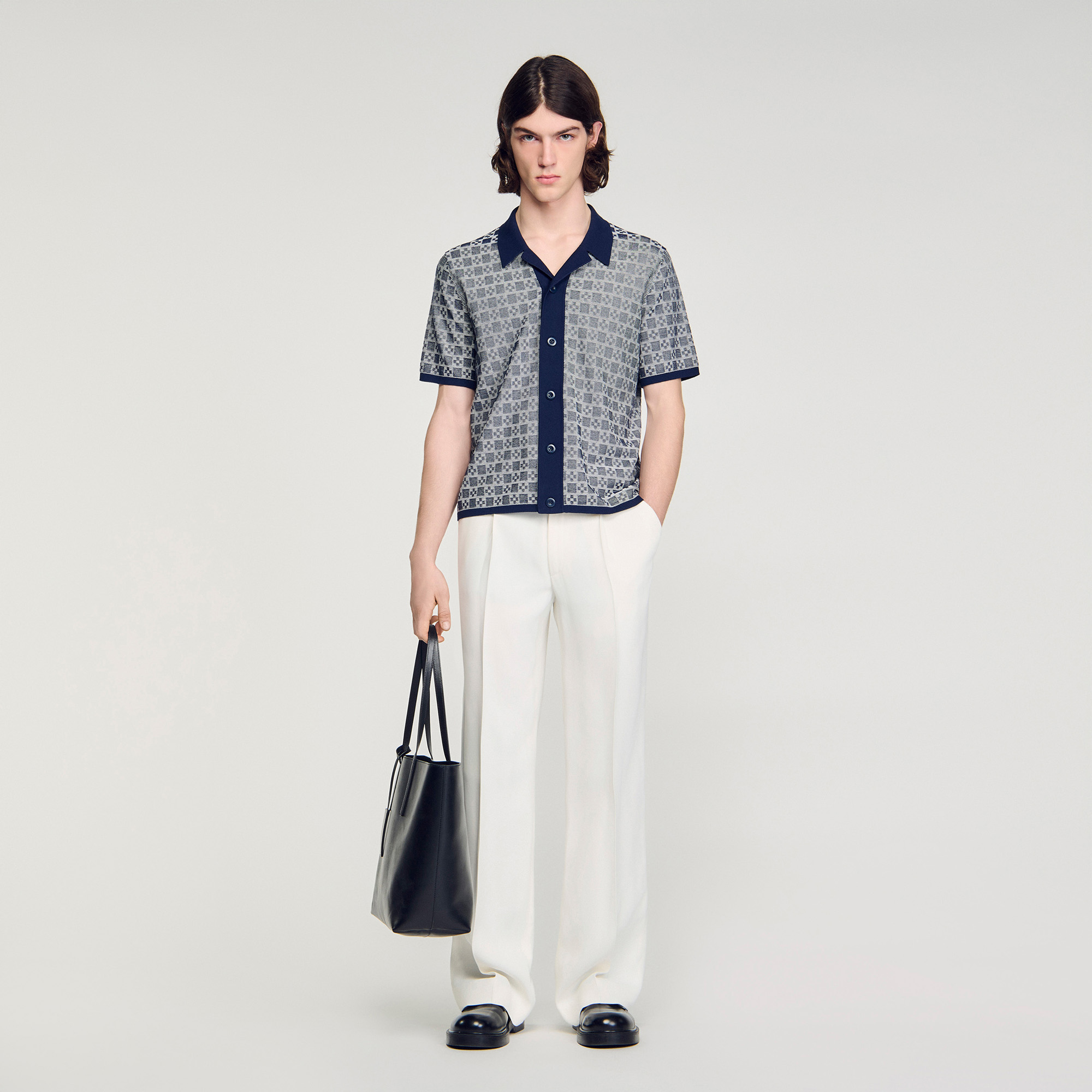 Sandro viscose Classic fit jacquard knit shirt with Square Cross pattern
