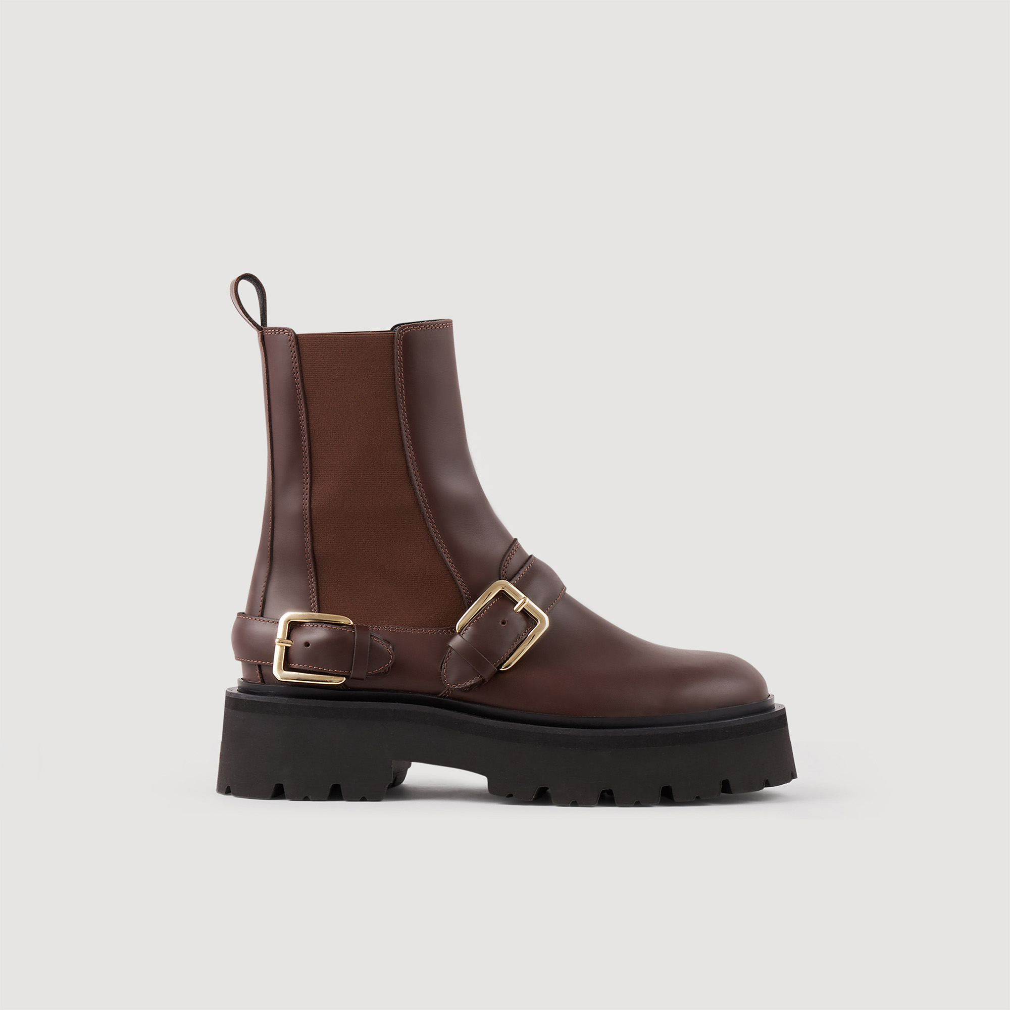 Sandro ethylene vinyl acetate Accessories: pig Leather: Leather, biker-style ankle boots with round toes, chunky platform soles, elasticated panels at the sides and trimmed with straps with metal buckles