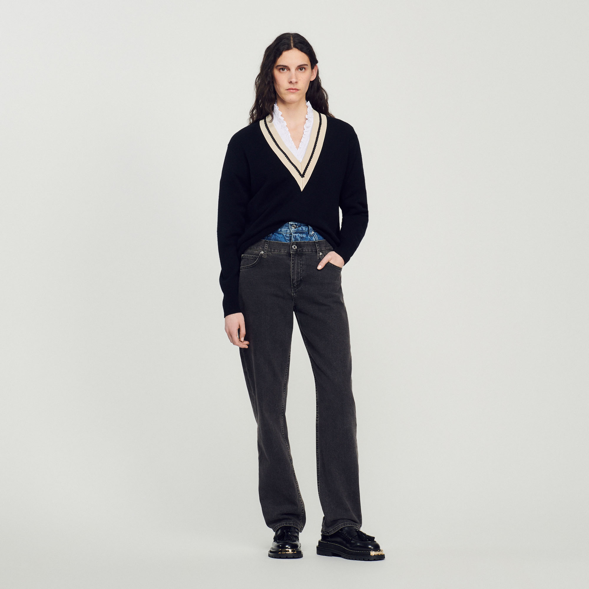 Sandro wool Knit sweater with contrasting deep V-neck and long sleeves