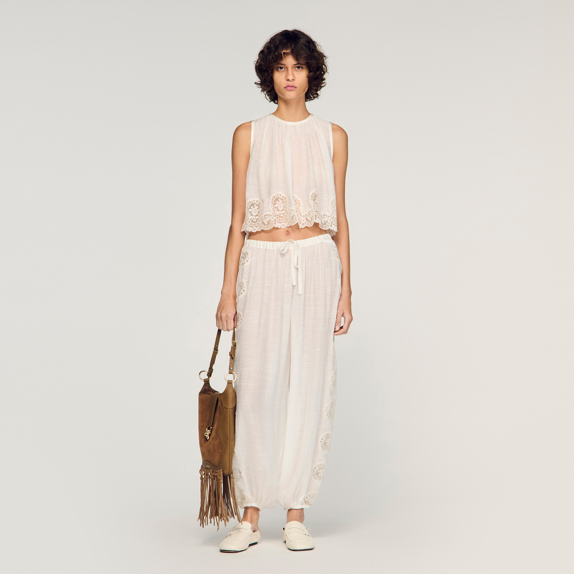 Sandro viscose Sleeveless broderie anglaise crop top with gathered round neckline