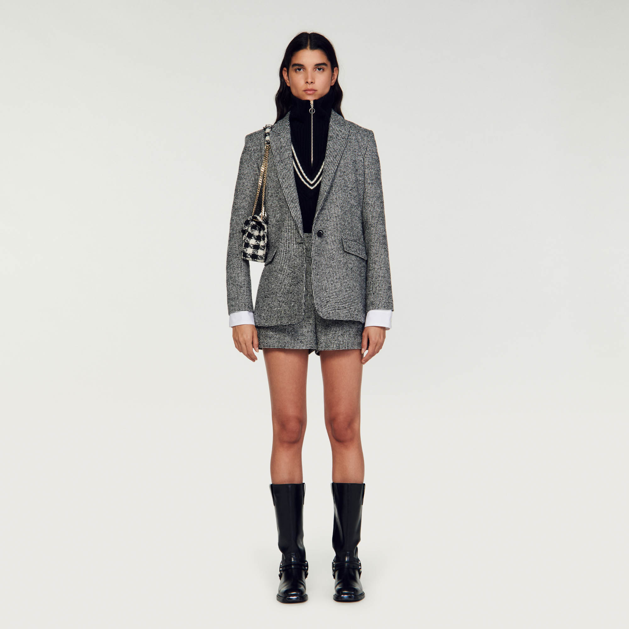 Sandro wool Houndstooth wool-blend blazer with stand-up turn-up collar, long sleeves and welt pockets at the waist
