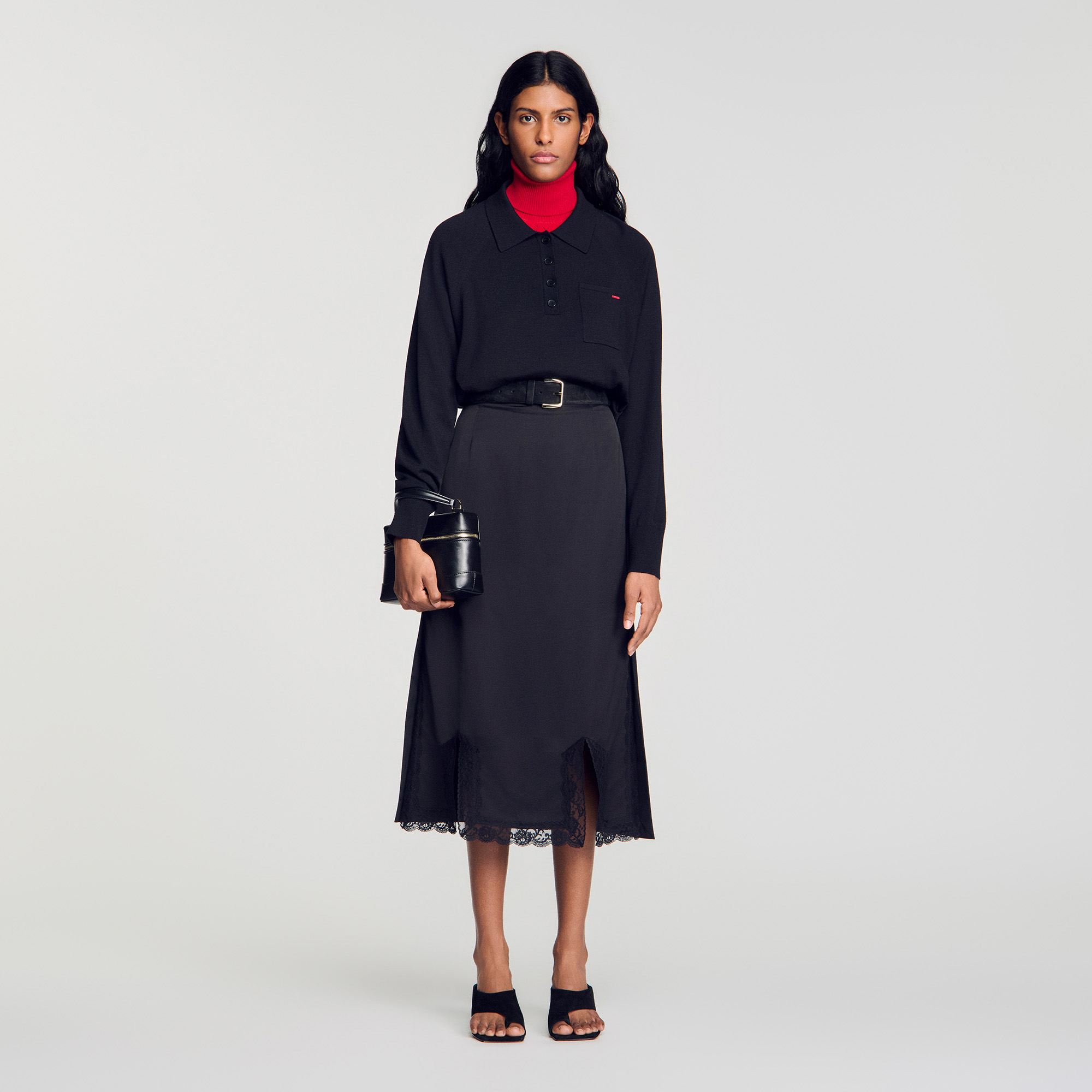 Midi mixed-material lace skirt