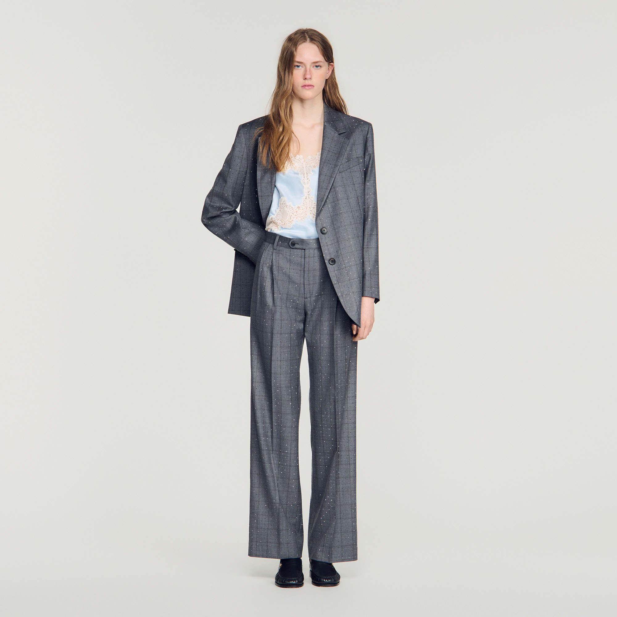 Rhinestone check wool trousers