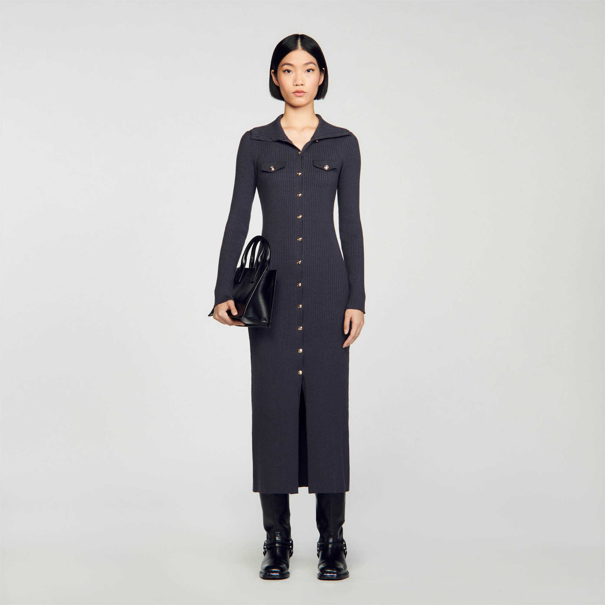 Sandro cotton Maxi dress in rib knit with high neck, buttons all the way down and mock pockets with flaps on the chest