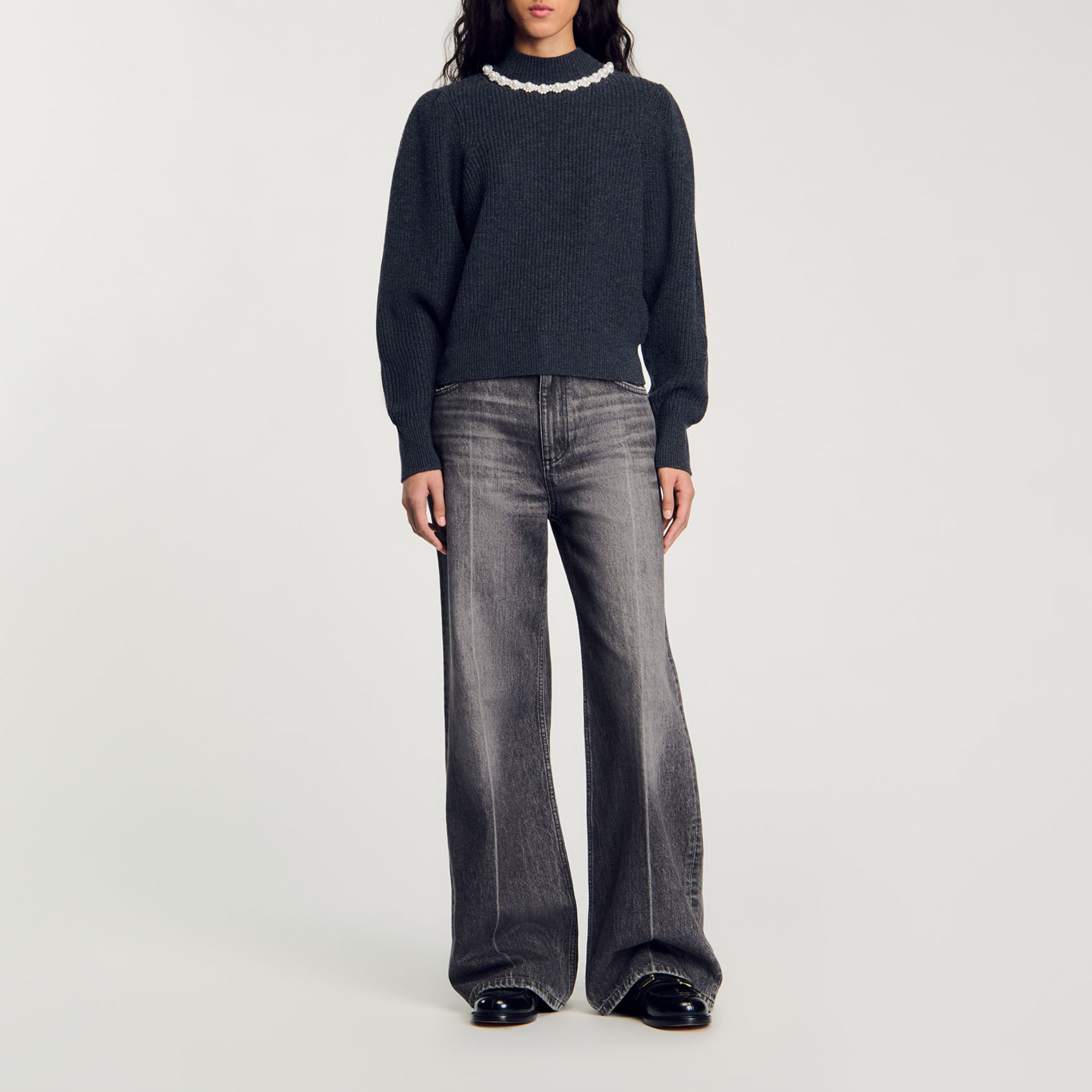 Ribbed Wool and Cashmere Sweater black / gray For Women | Sandro Paris
