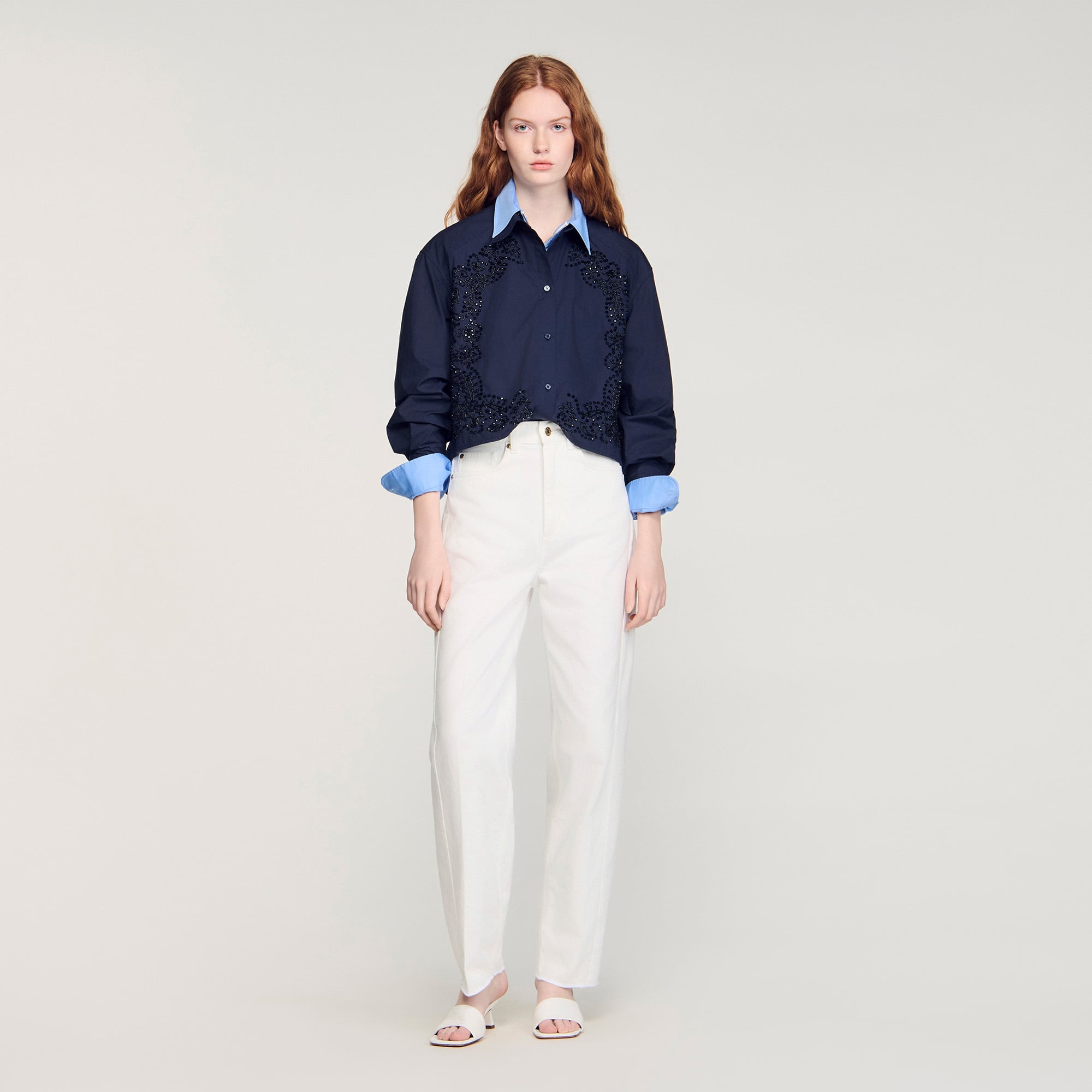 Sandro cotton Oversized embroidered shirt with a floral print, featuring a shirt collar, long sleeves and an asymmetric hem