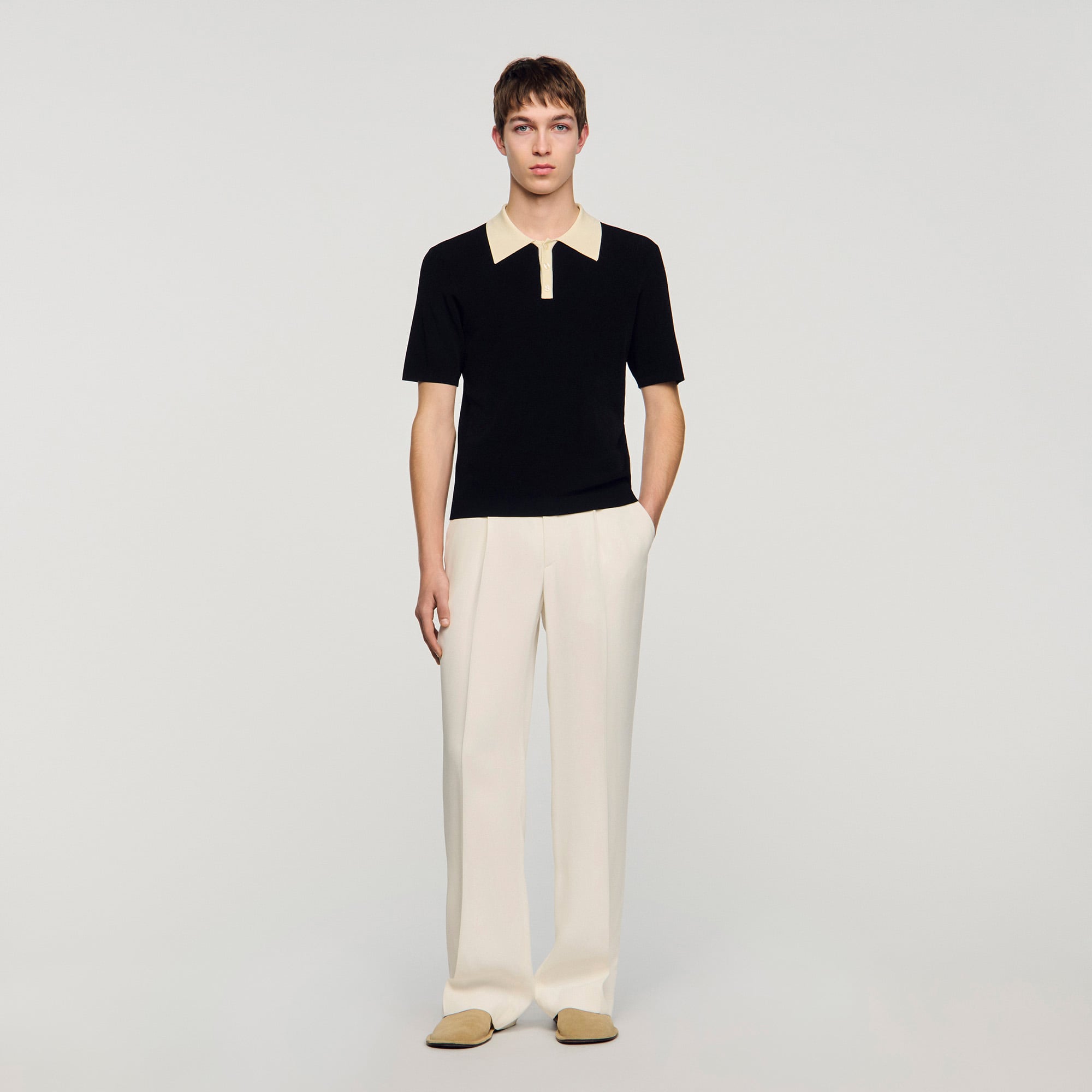 Sandro viscose Two-tone polo shirt with contrasting button-down collar and short sleeves