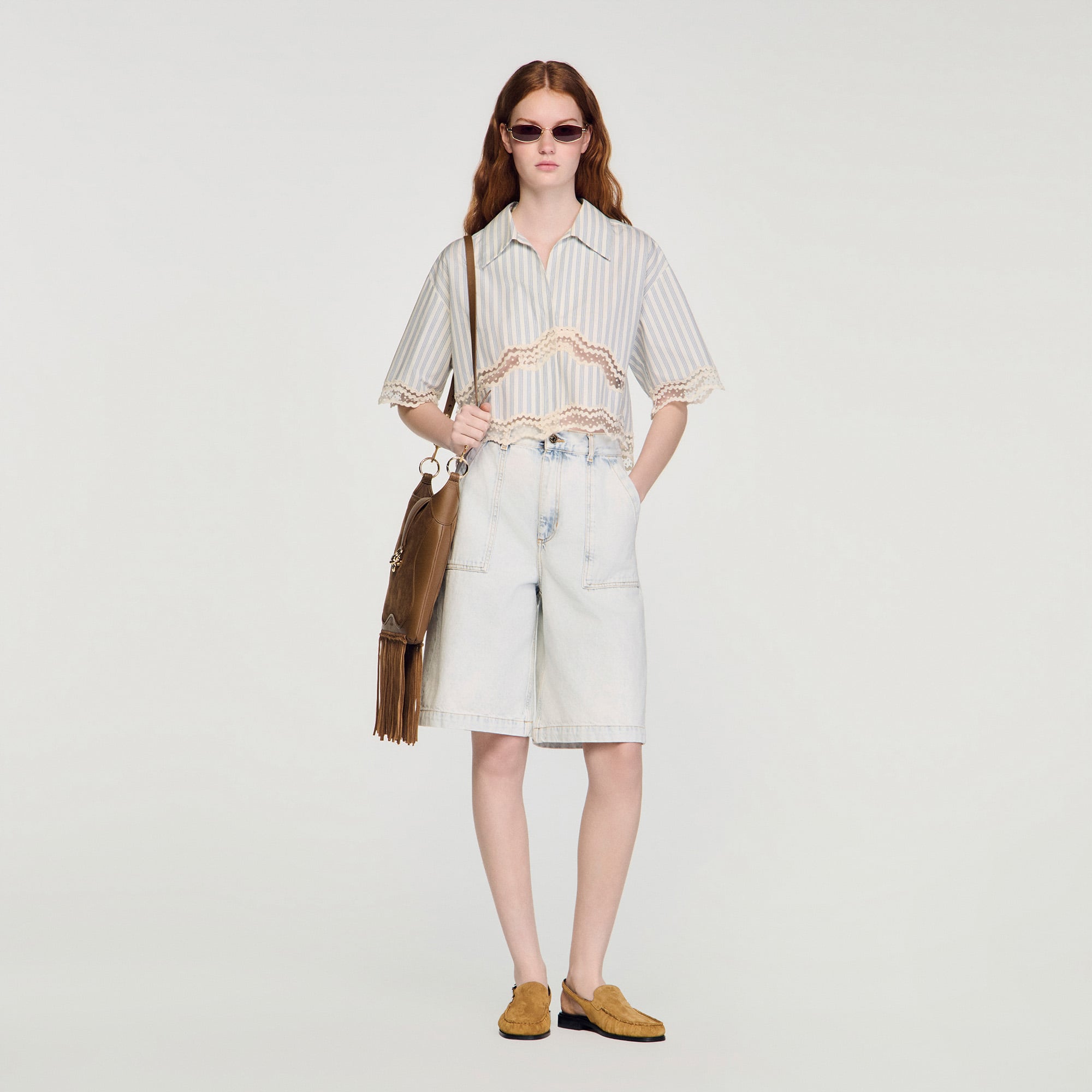 Cropped striped cotton shirt in Ecru / Bleu for Women | Sandro Paris
