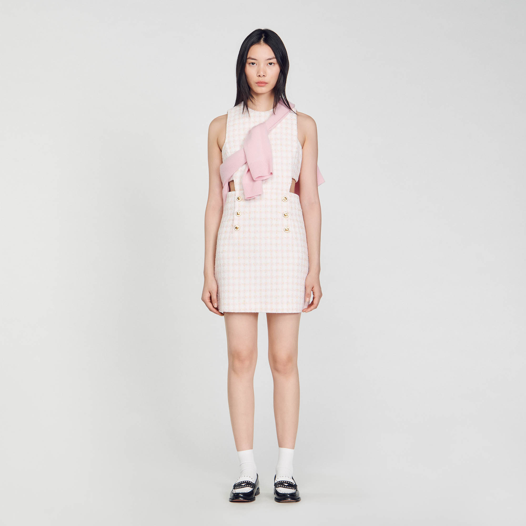 Sandro polyester Lining: Sleeveless pinafore dress with openwork sides and decorated with front buttons