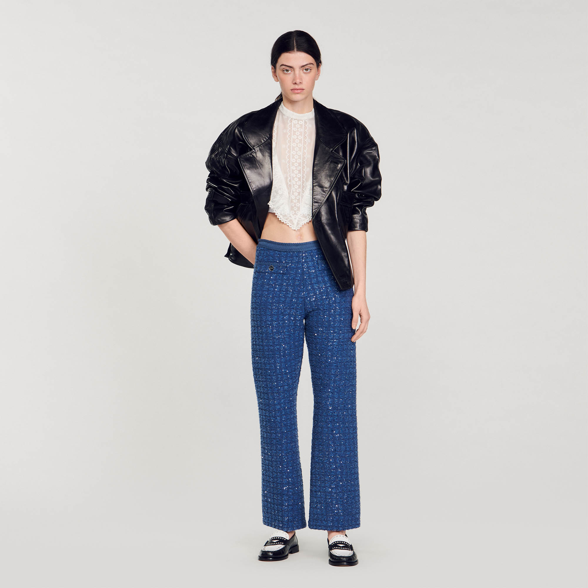 Sandro polyamide Tweed-effect shimmering knit trousers with welt pockets, braided ribbing and buttoned welt pockets