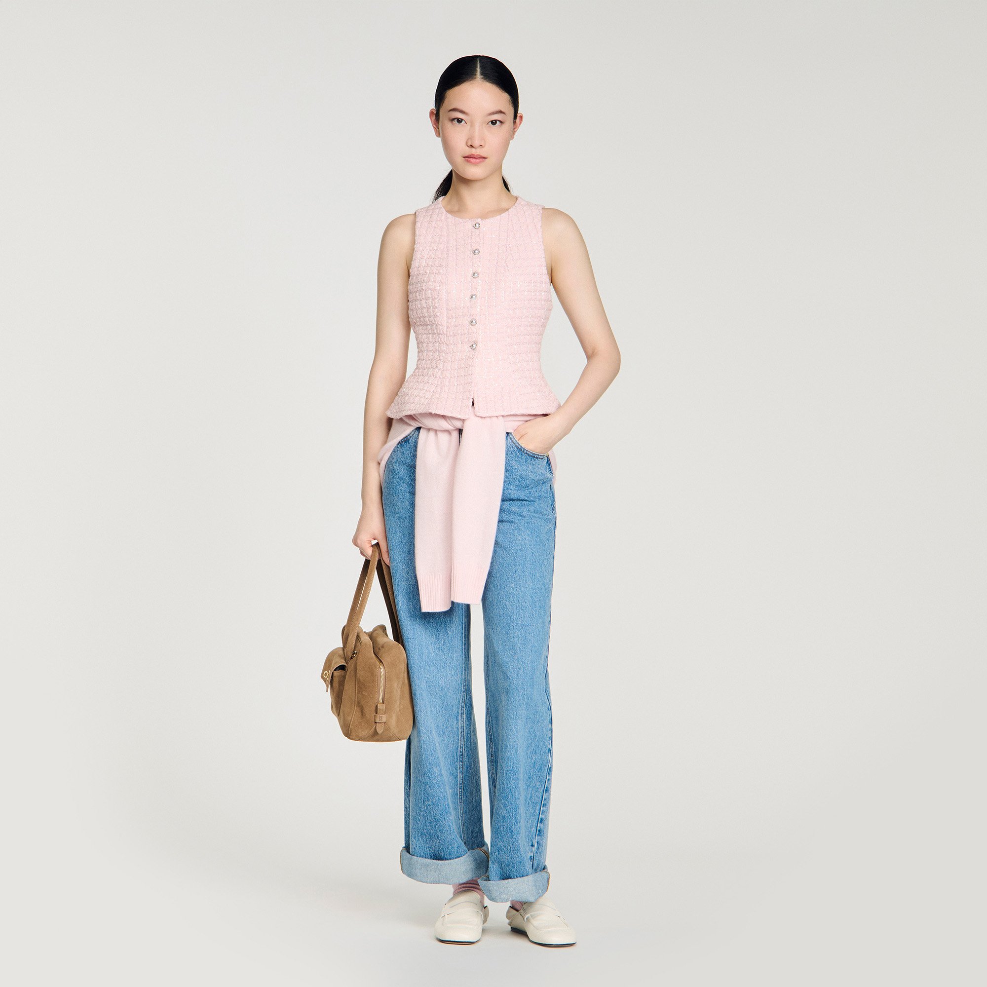 Beaded peplum tweed vest in Pink for Women | Sandro Paris