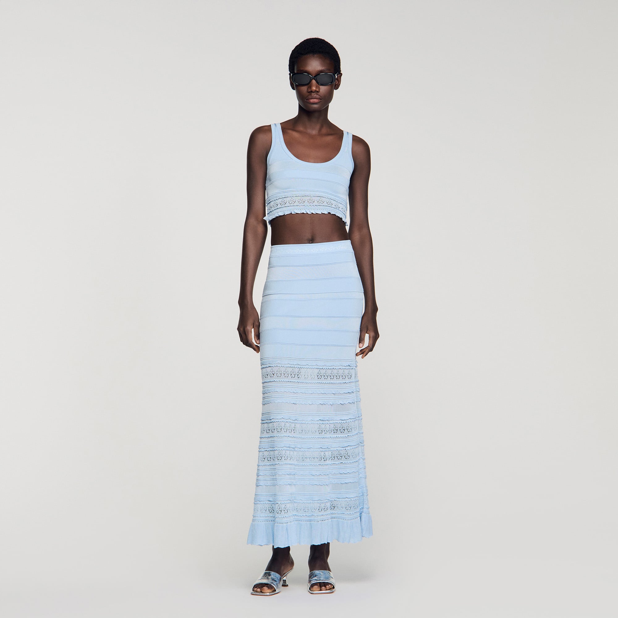 Pointelle knit crop top in Sky Blue for Women | Sandro Paris