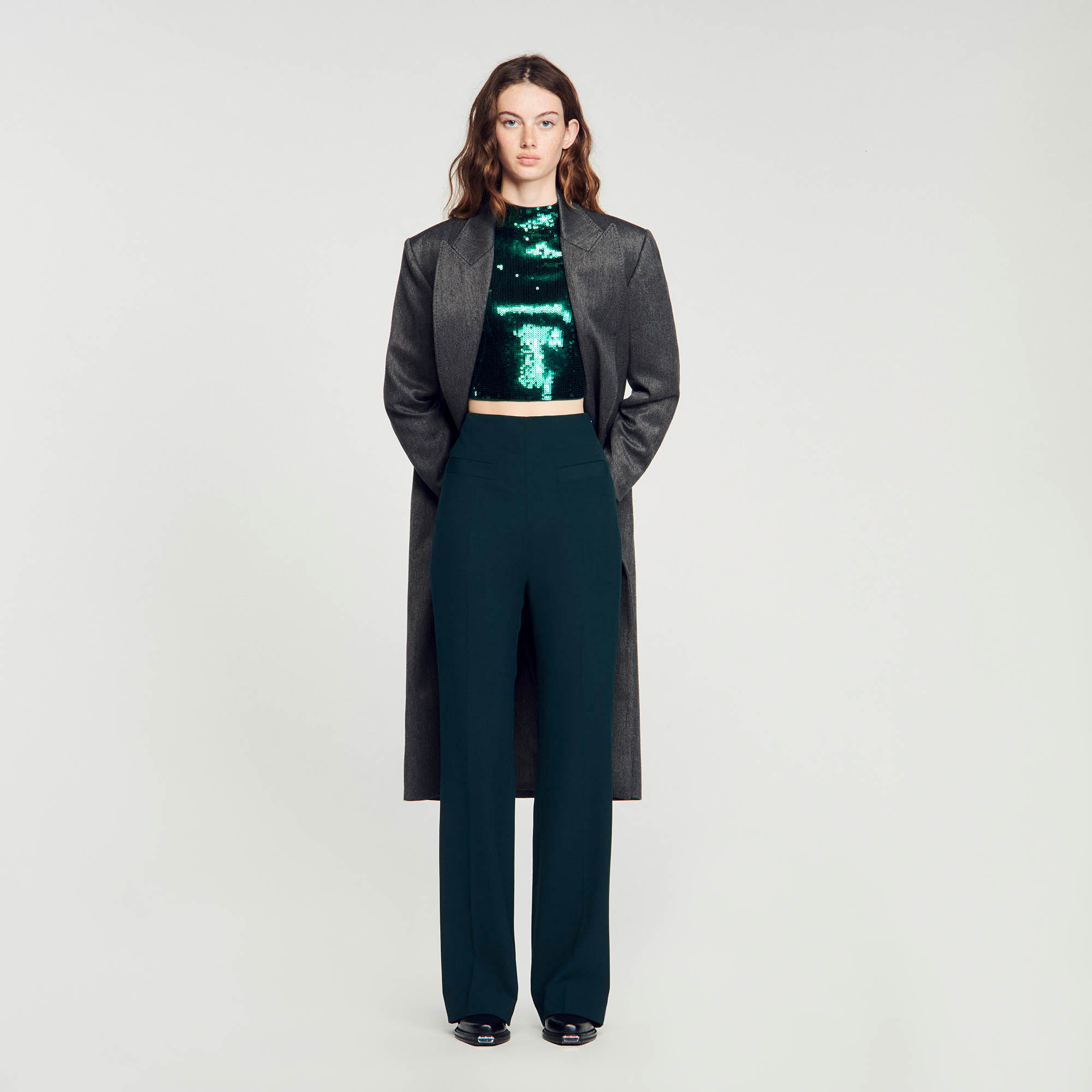 Sandro polyester Flared pants with ironed creases, piped pockets on the waist and darts at the back