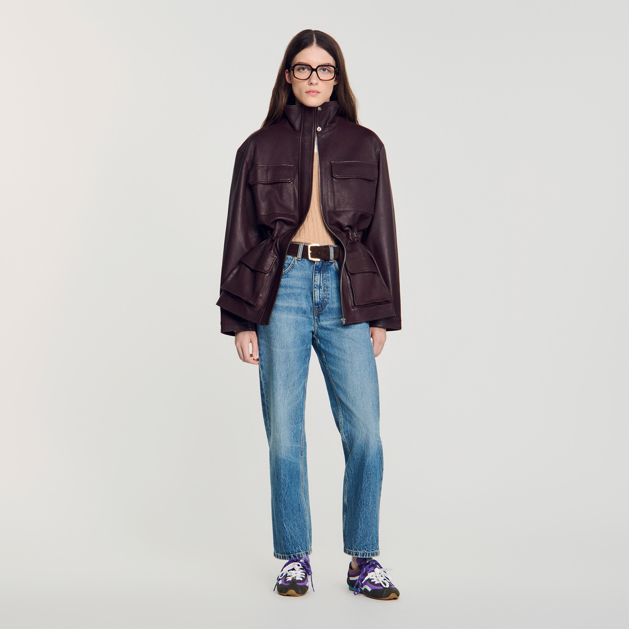 Oversized leather collar jacket