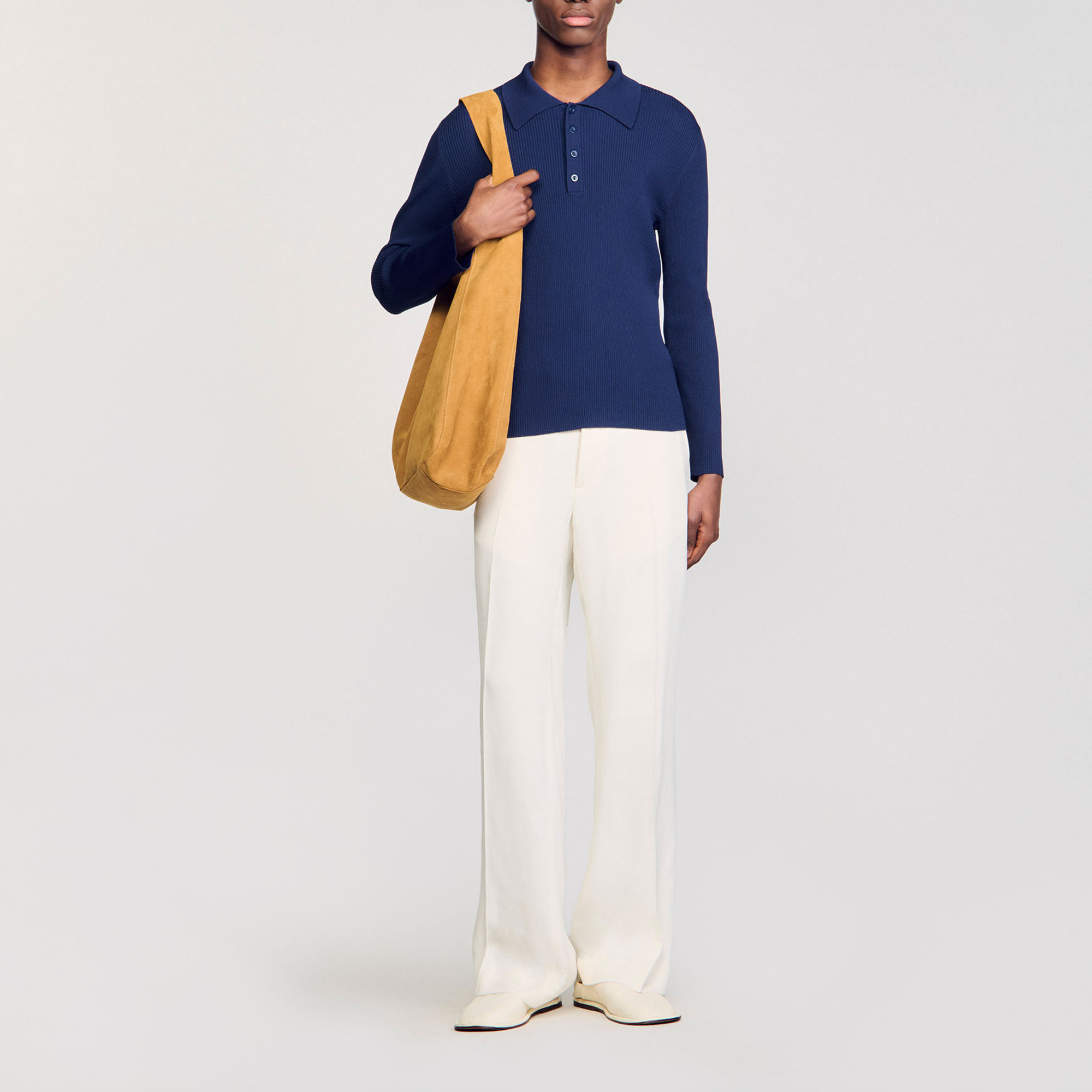 Sandro acetate Long-sleeved rib knit polo shirt with button-down collar