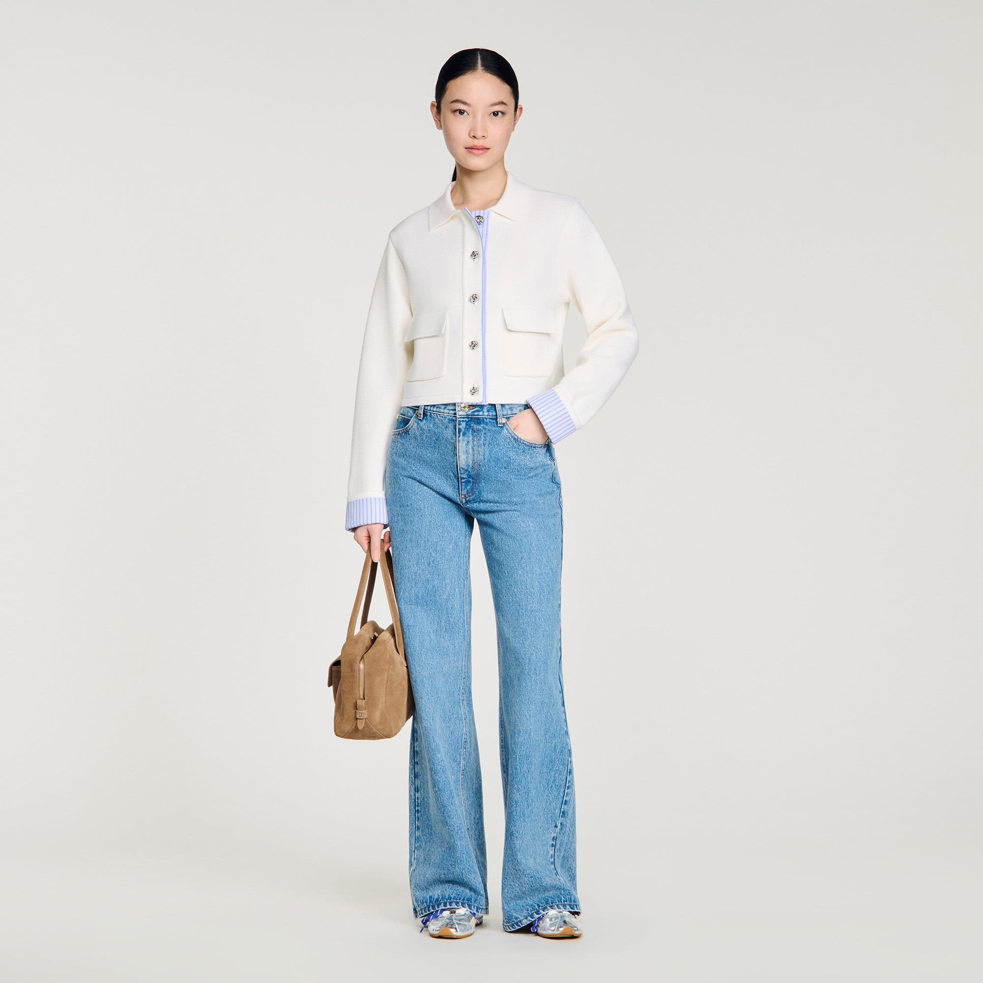 Sandro acrylic Straight-cut wool cardigan with a polo collar, long sleeves and a button fastening at the front
