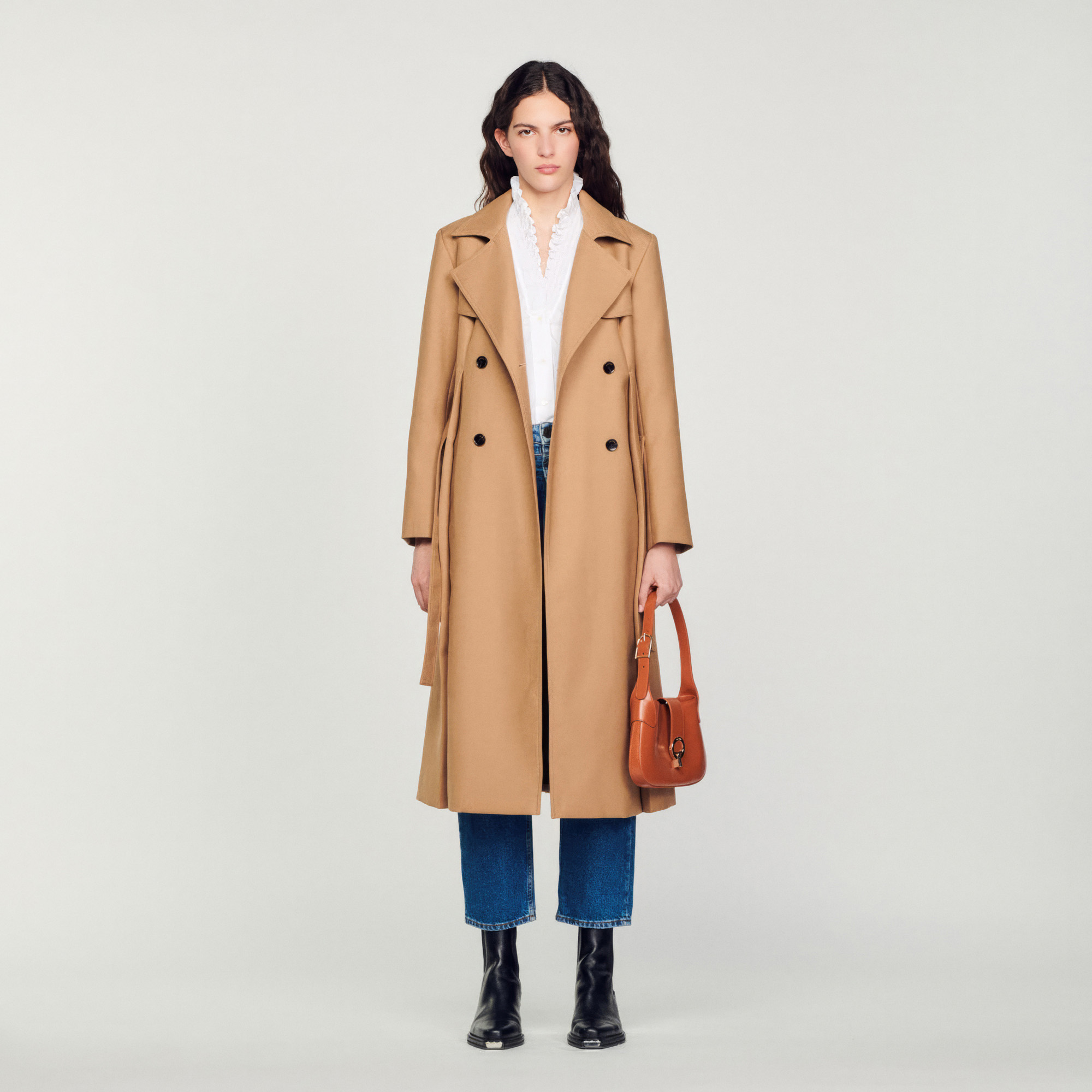 Sandro polyester Long wool blend coat in a trench style