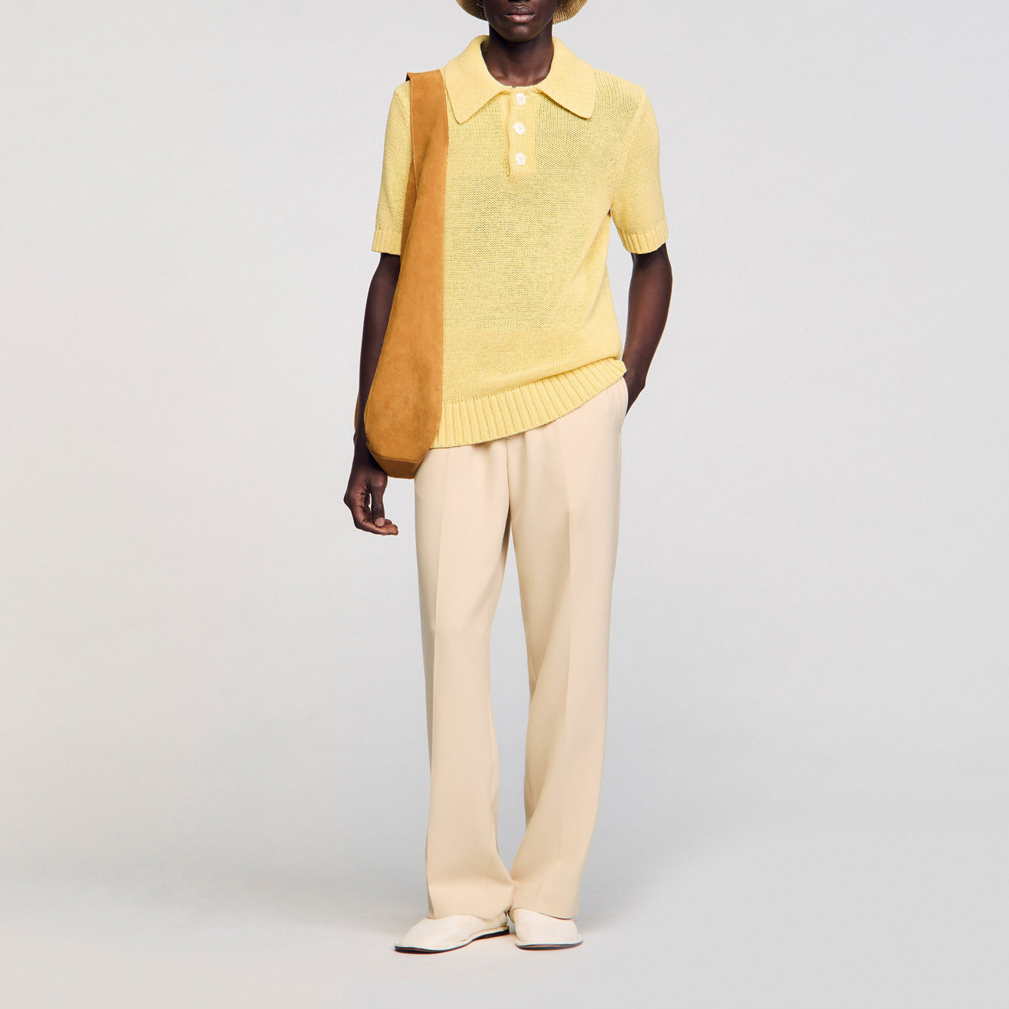 Sandro cotton Open weave polo shirt with collar buttons, short sleeves and a ribbed trim