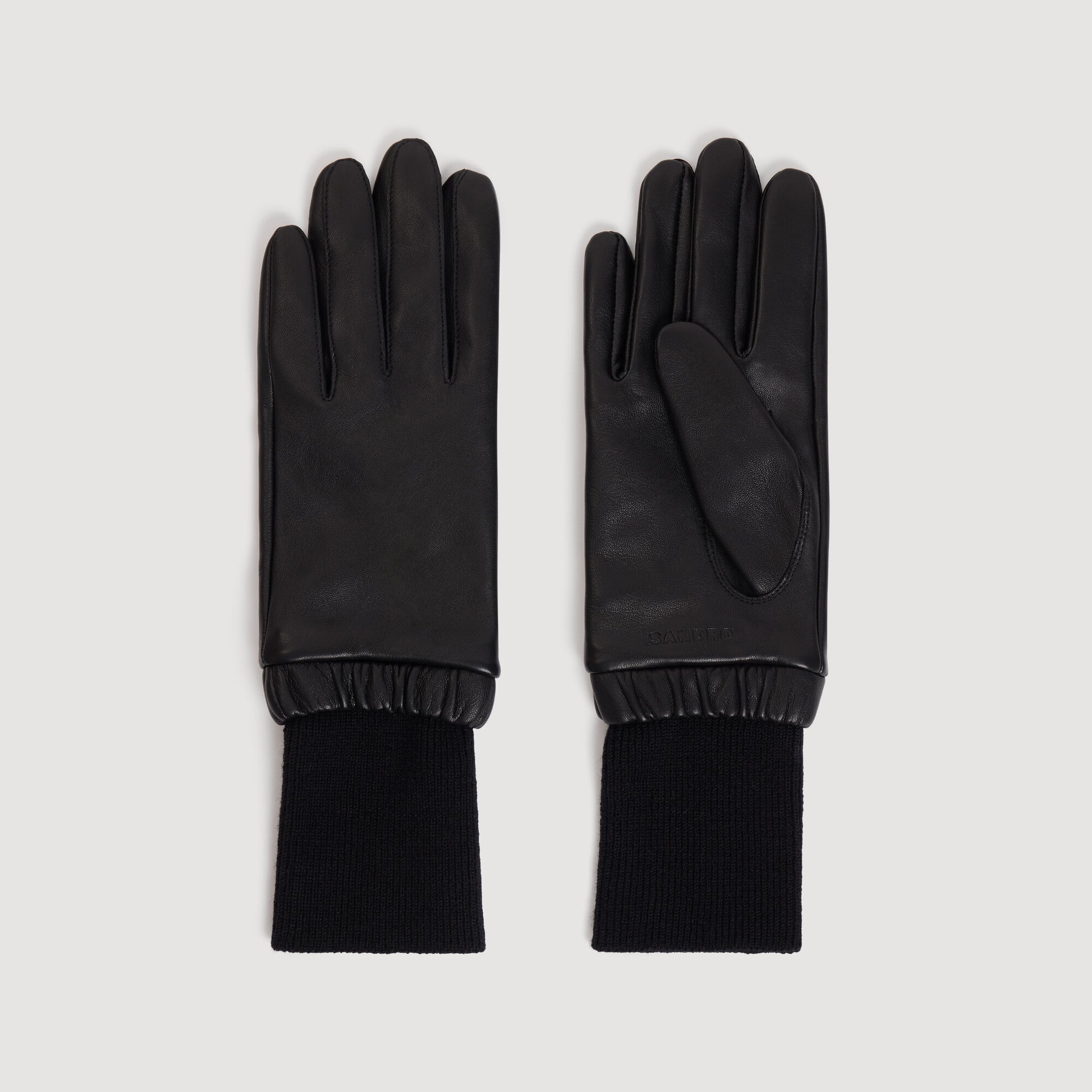 Leather and ribbed knit gloves