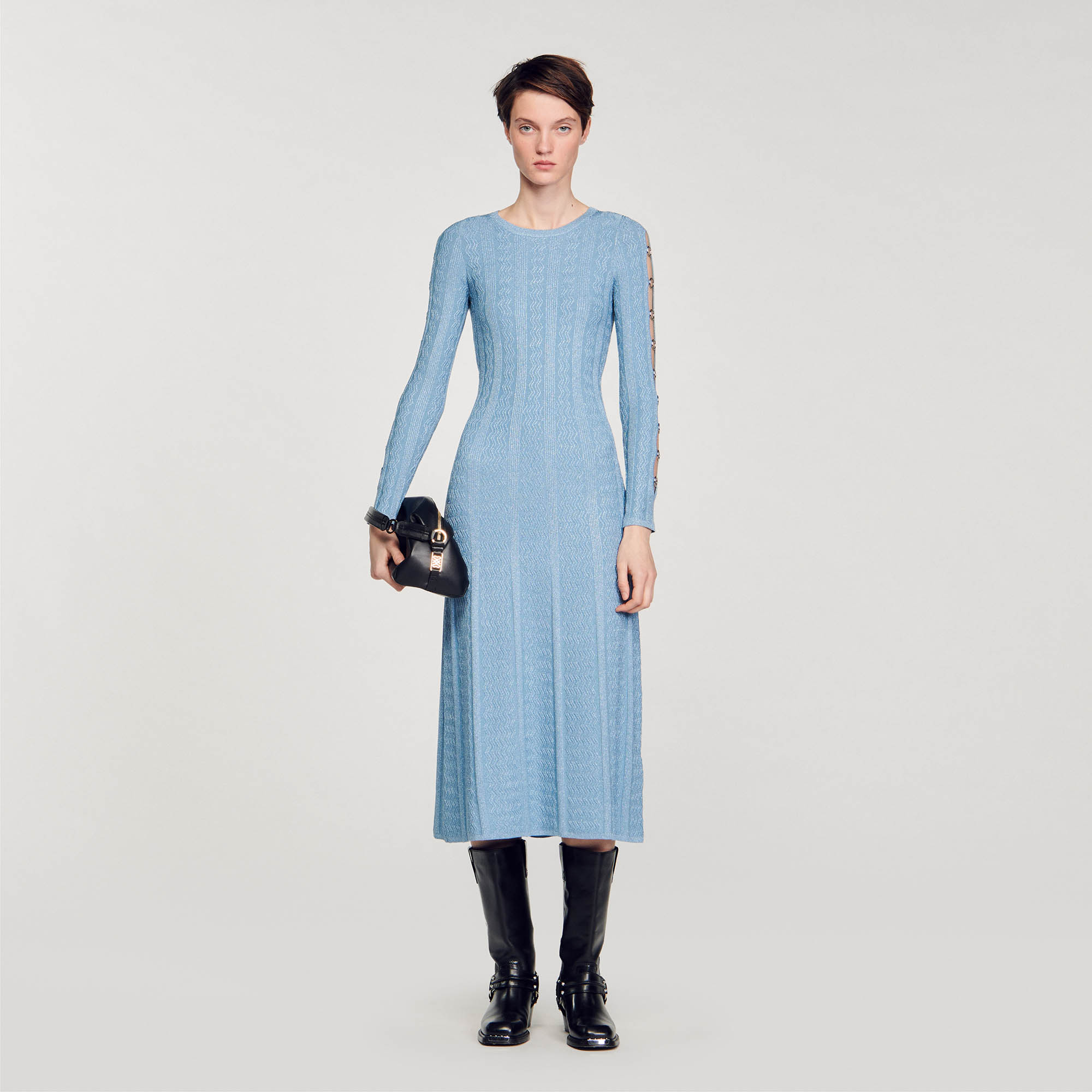 Sandro polyester Midi dress in iridescent cable knit with round neck and long sleeves embellished with metal rings along the arms