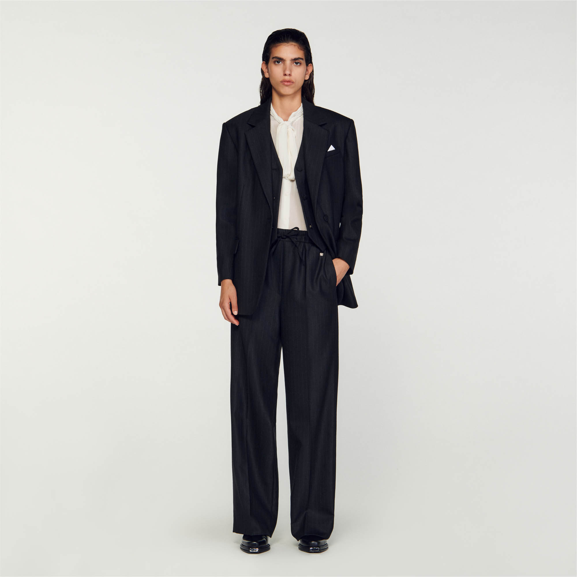 Sandro polyester Oversized straight-leg pants with thin stripes, with elasticated waistband and drawstring and side pockets