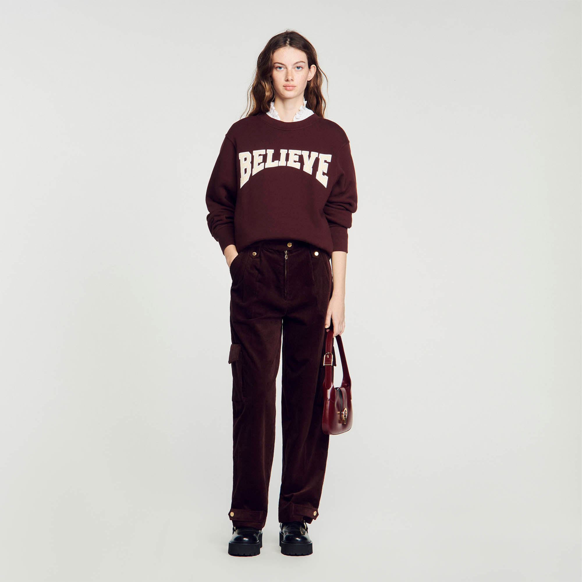 Sandro cotton Embroidery: Fleece sweatshirt with round neck and long sleeves, embellished with Believe contrast patches on the chest