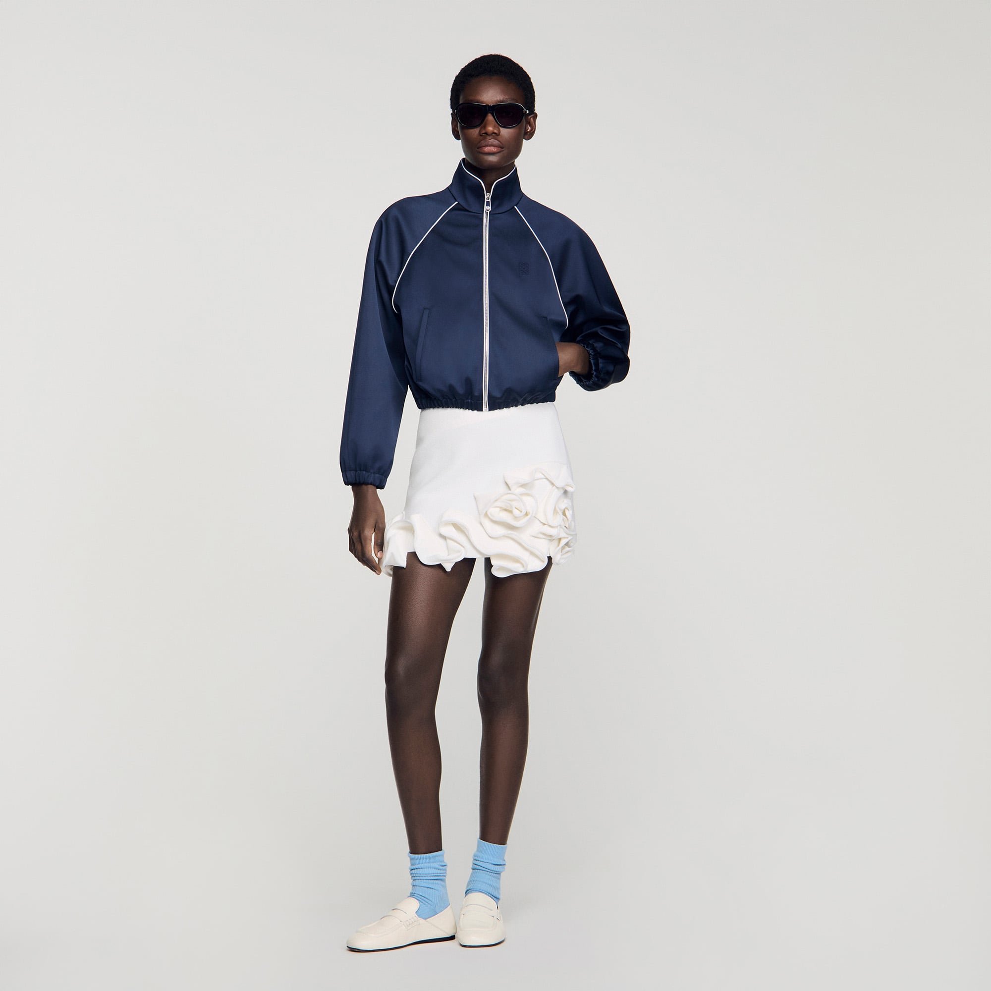 Embroidered cropped satin jacket