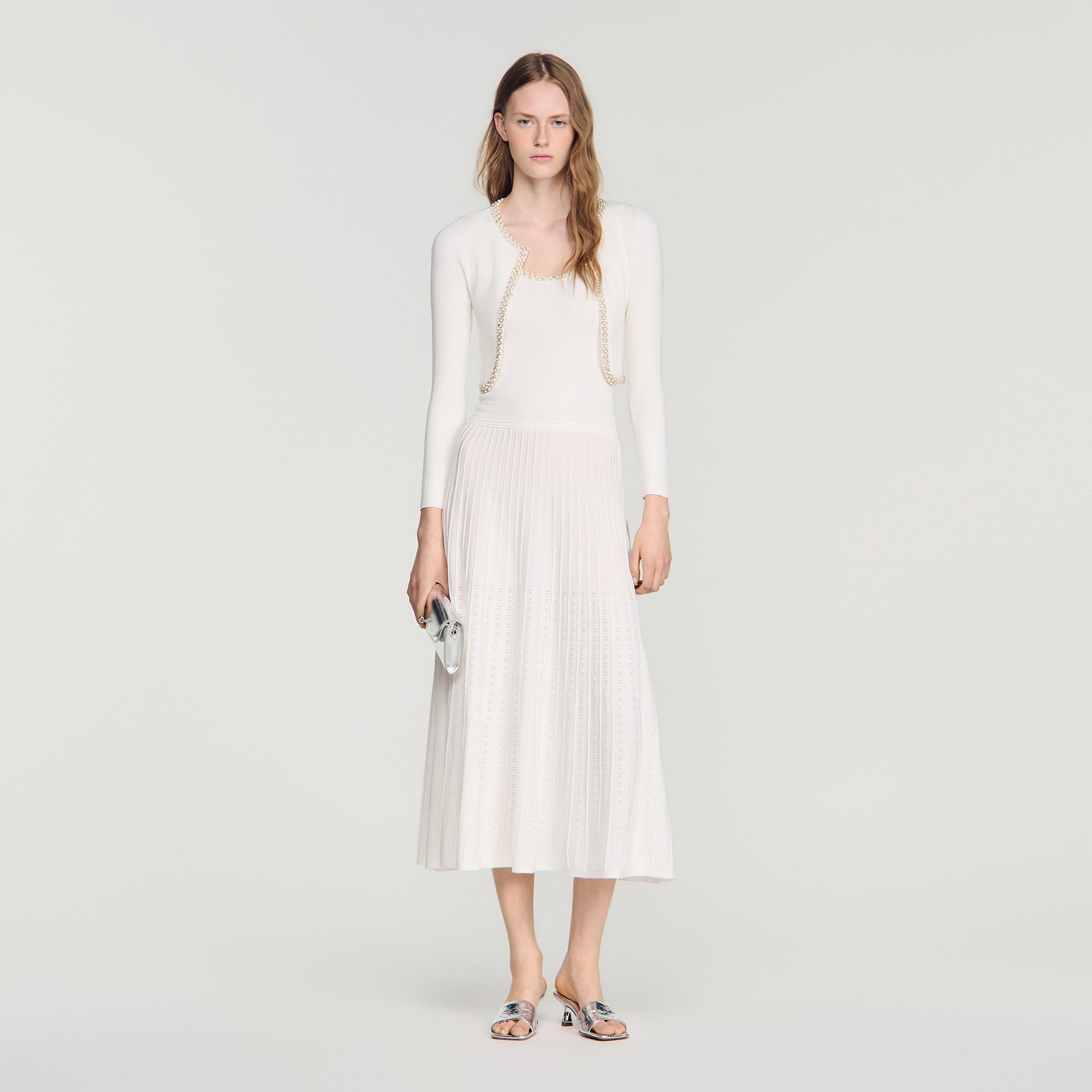 Cropped pearl and rhinestones cardigan in white for Women | Sandro