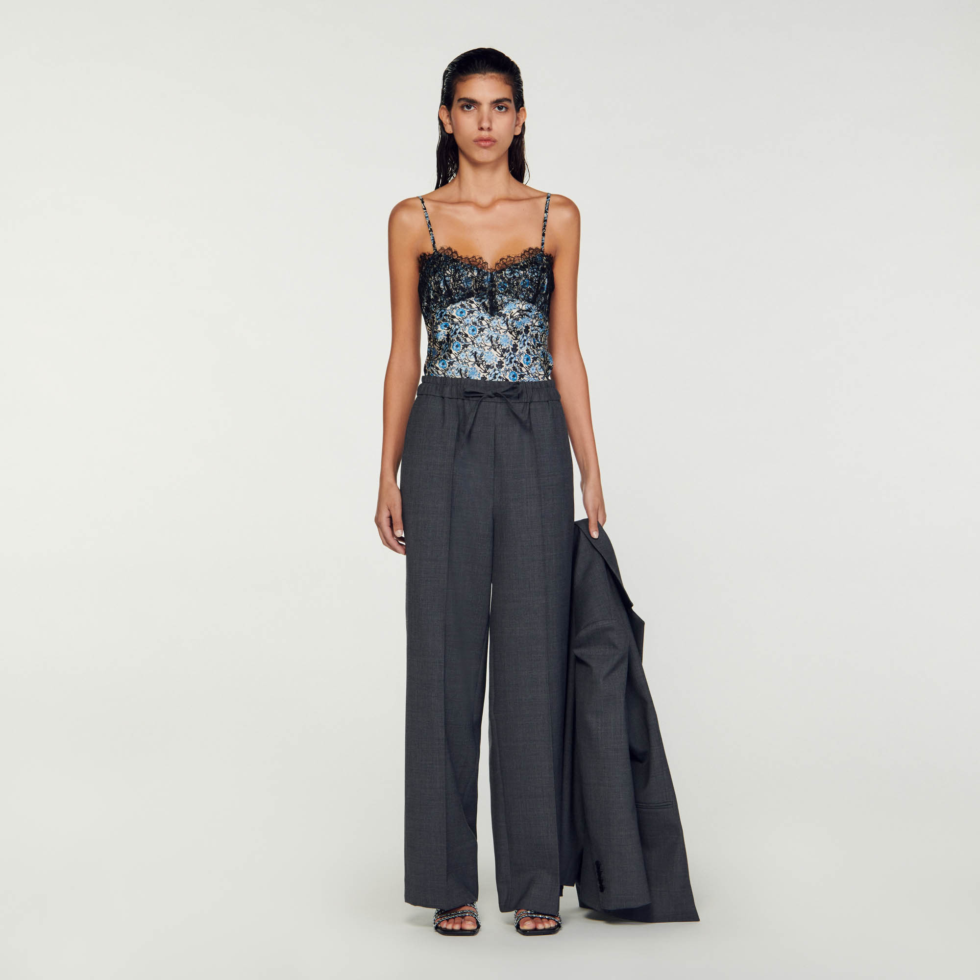 Sandro viscose Lace: Printed flowing camisole with thin straps and a contrasting lace neckline