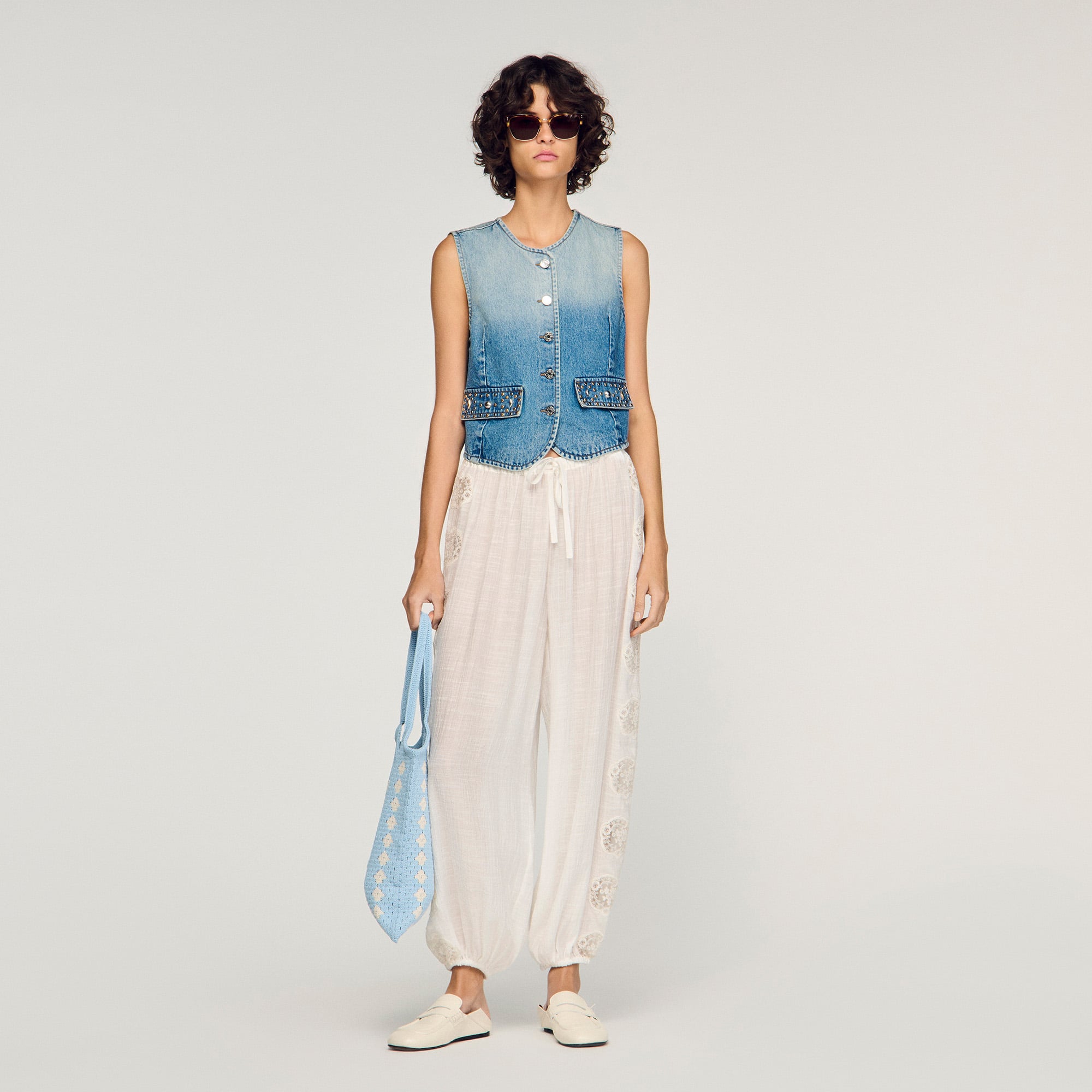Crinkled balloon pants in white for Women | Sandro Paris