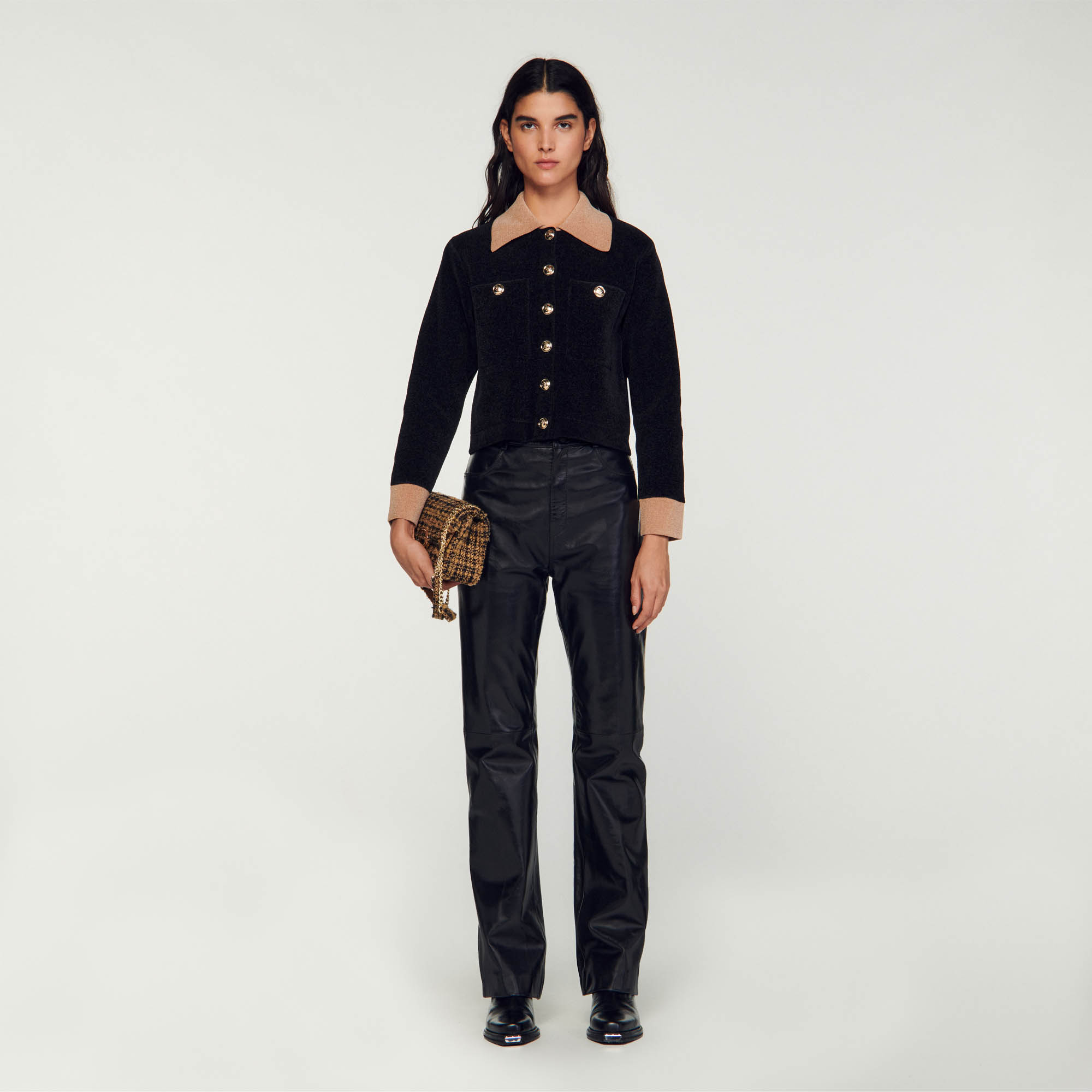 Sandro viscose Cropped velour knit coatigan with a contrasting shirt collar and cuffs, patch pockets on the chest, and a military button fastening