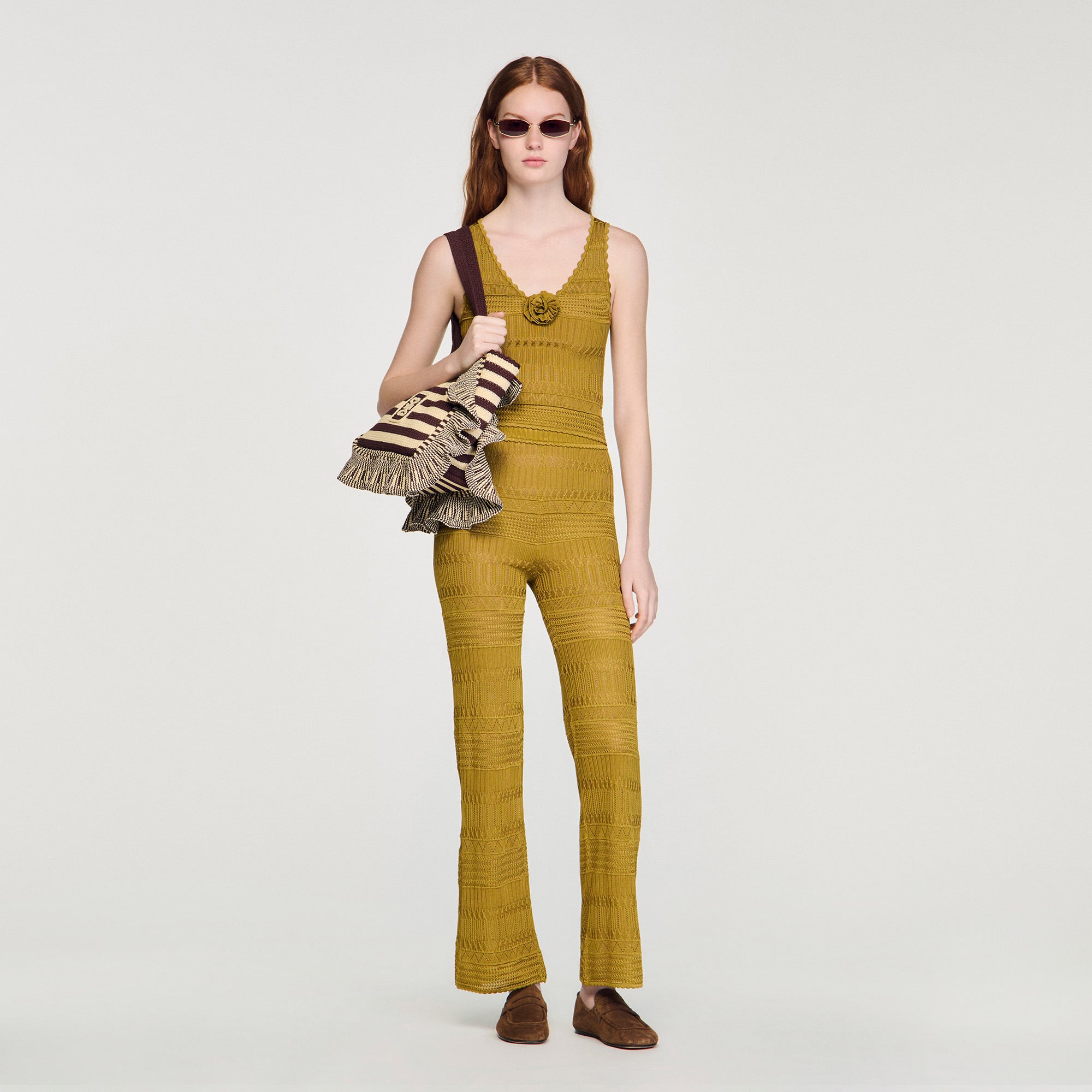 Sandro viscose Fitted pointelle knit top with V-neck embellished with a flower and thin straps