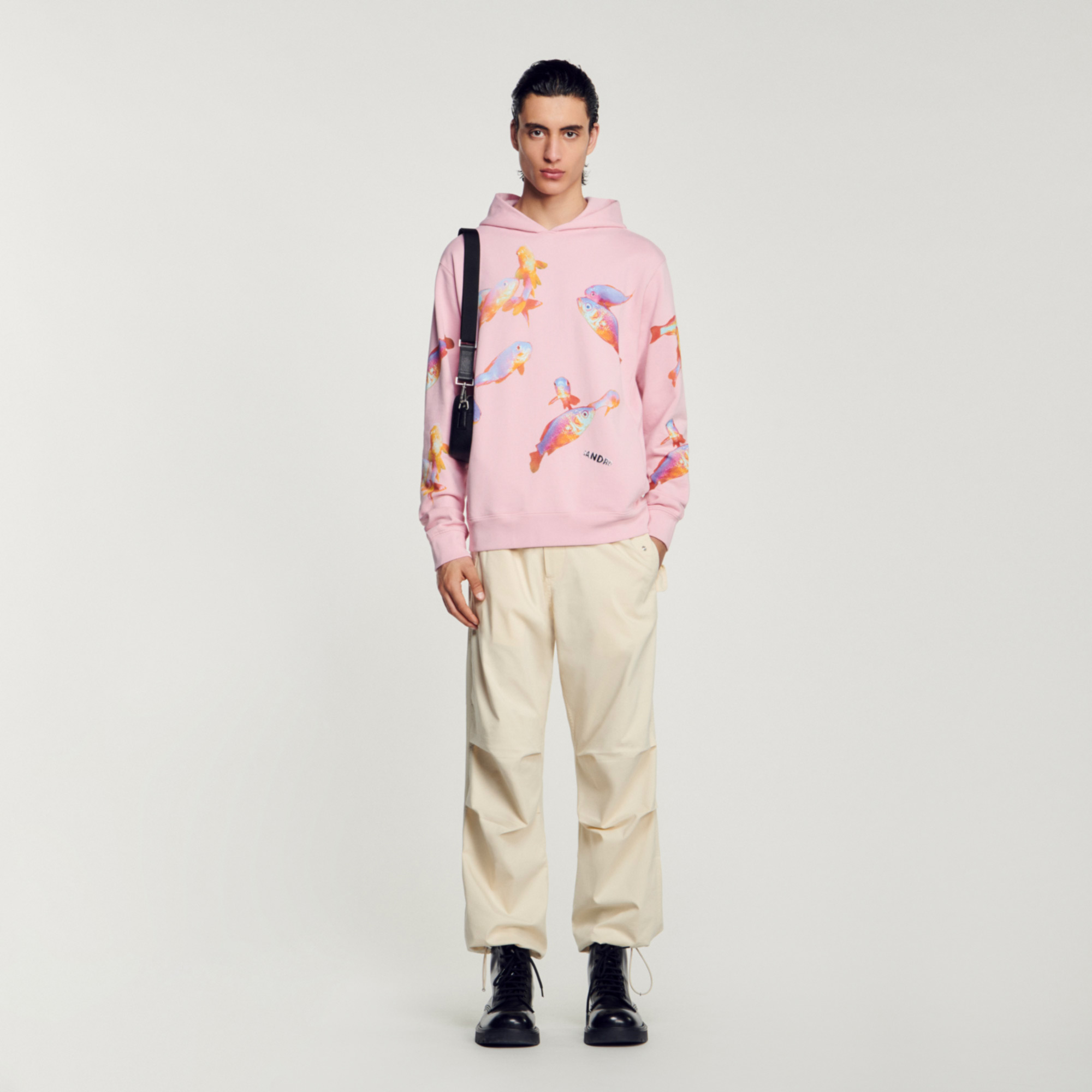 Sandro cotton Rib: Hooded, long-sleeve fleece sweatshirt, with two front pockets and embellished with a fish print