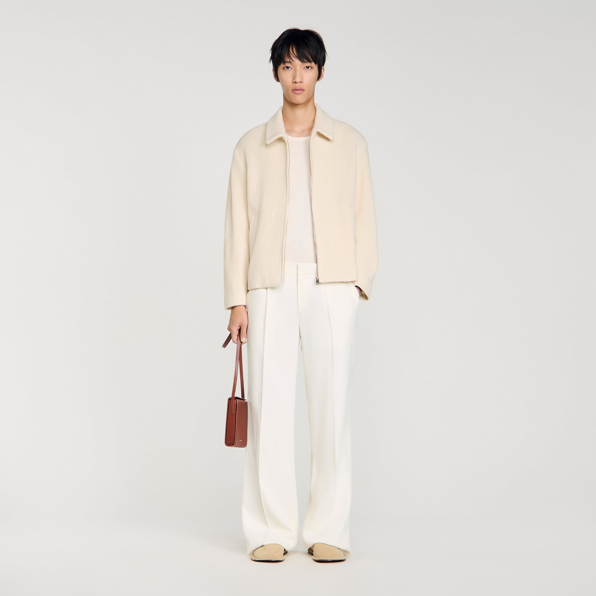 Knit-effect regular-collar jacket in Ecru for Men | Sandro Paris