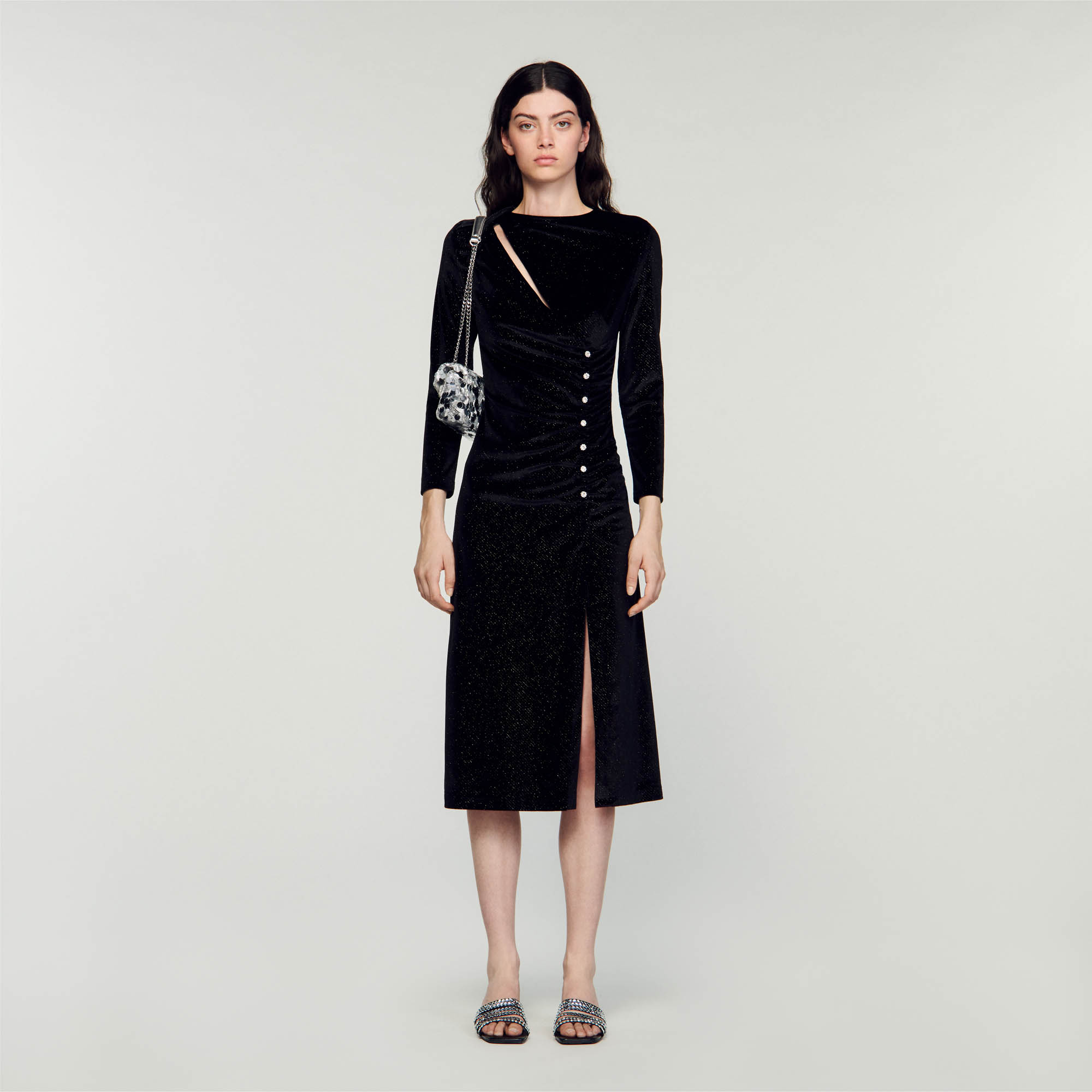 Sandro polyester Sequinned velvet midi dress with draped effect, featuring a round neck with a slit, long sleeves, a side slit and embellished with jewellery buttons on the side