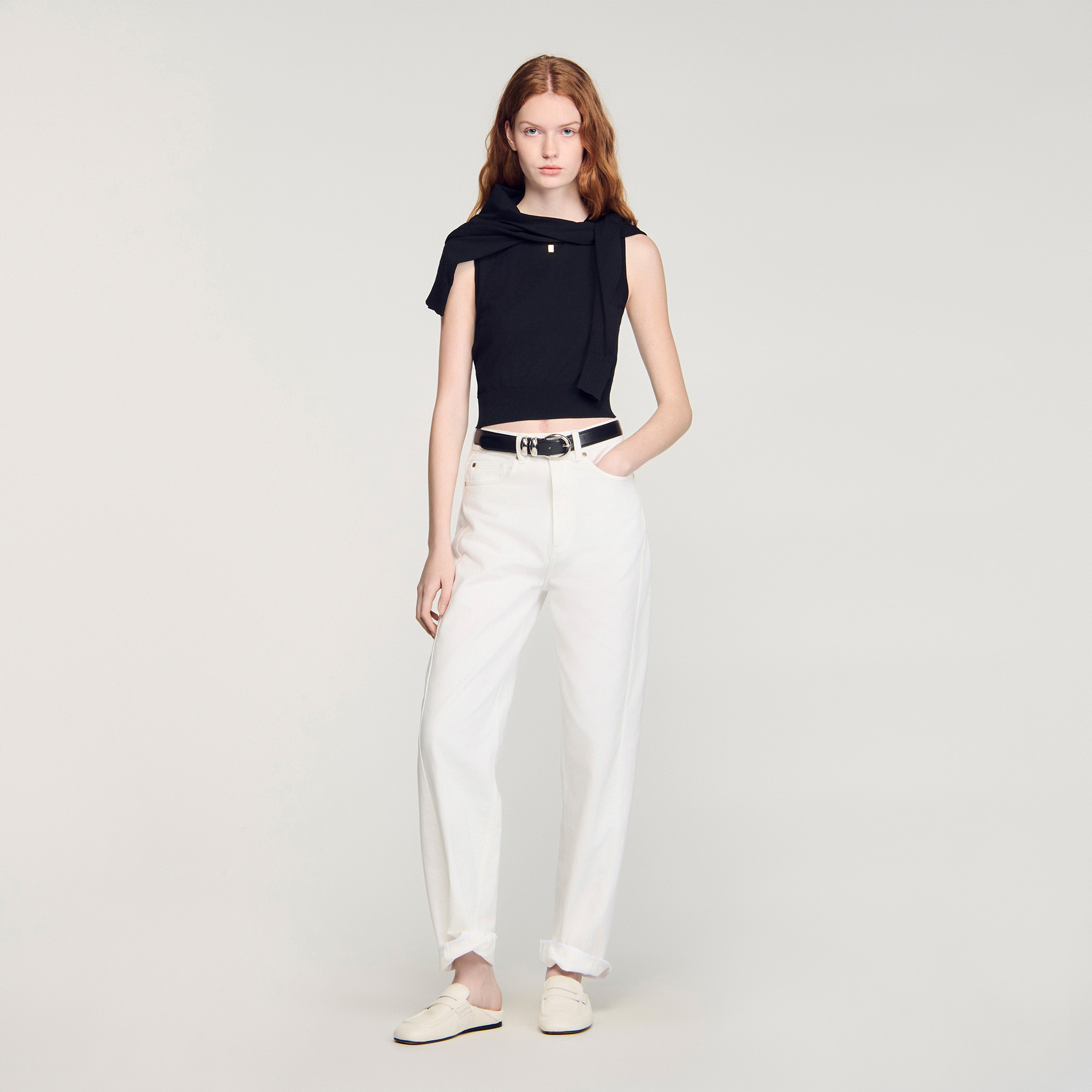 Sleeveless short knit sweater in Ecru for Women | Sandro Paris