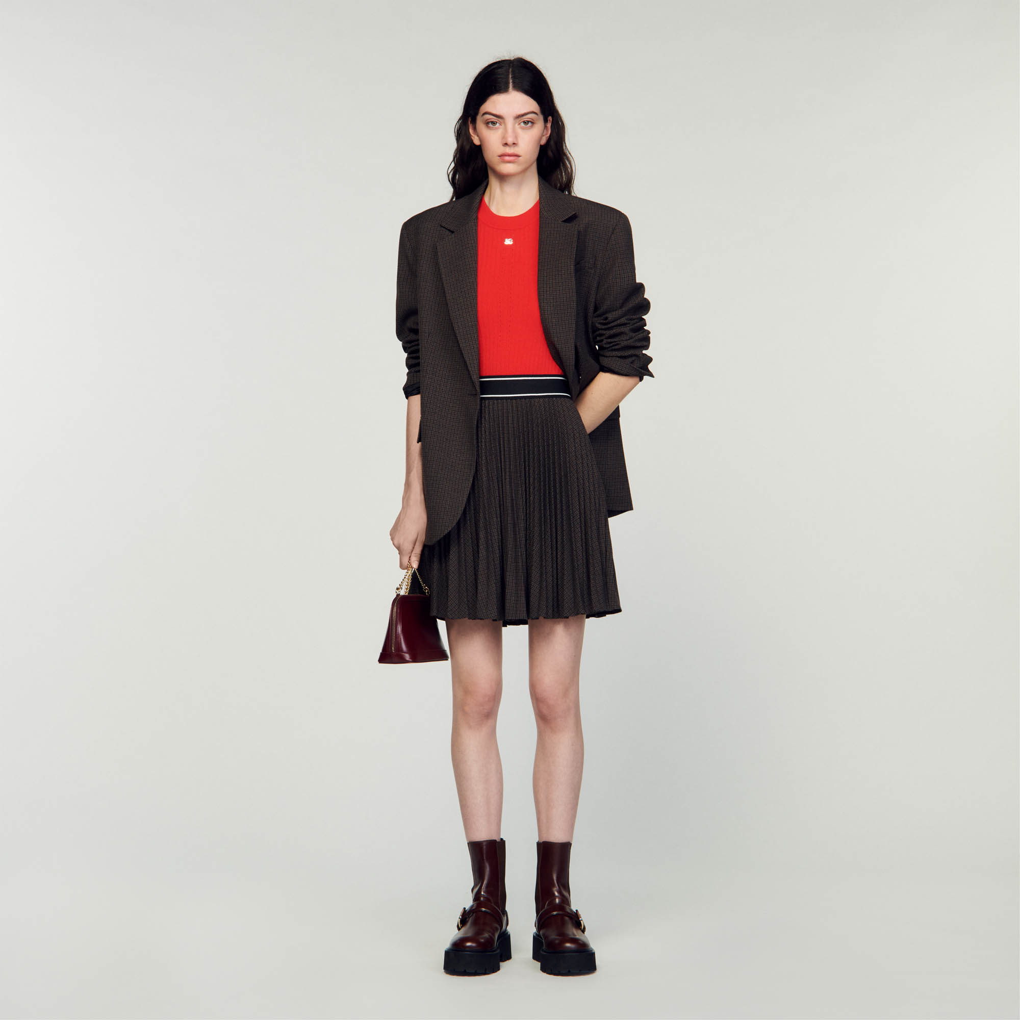 Sandro polyester Short pleated skirt in a check pattern, with an elasticated waistband with contrasting trim