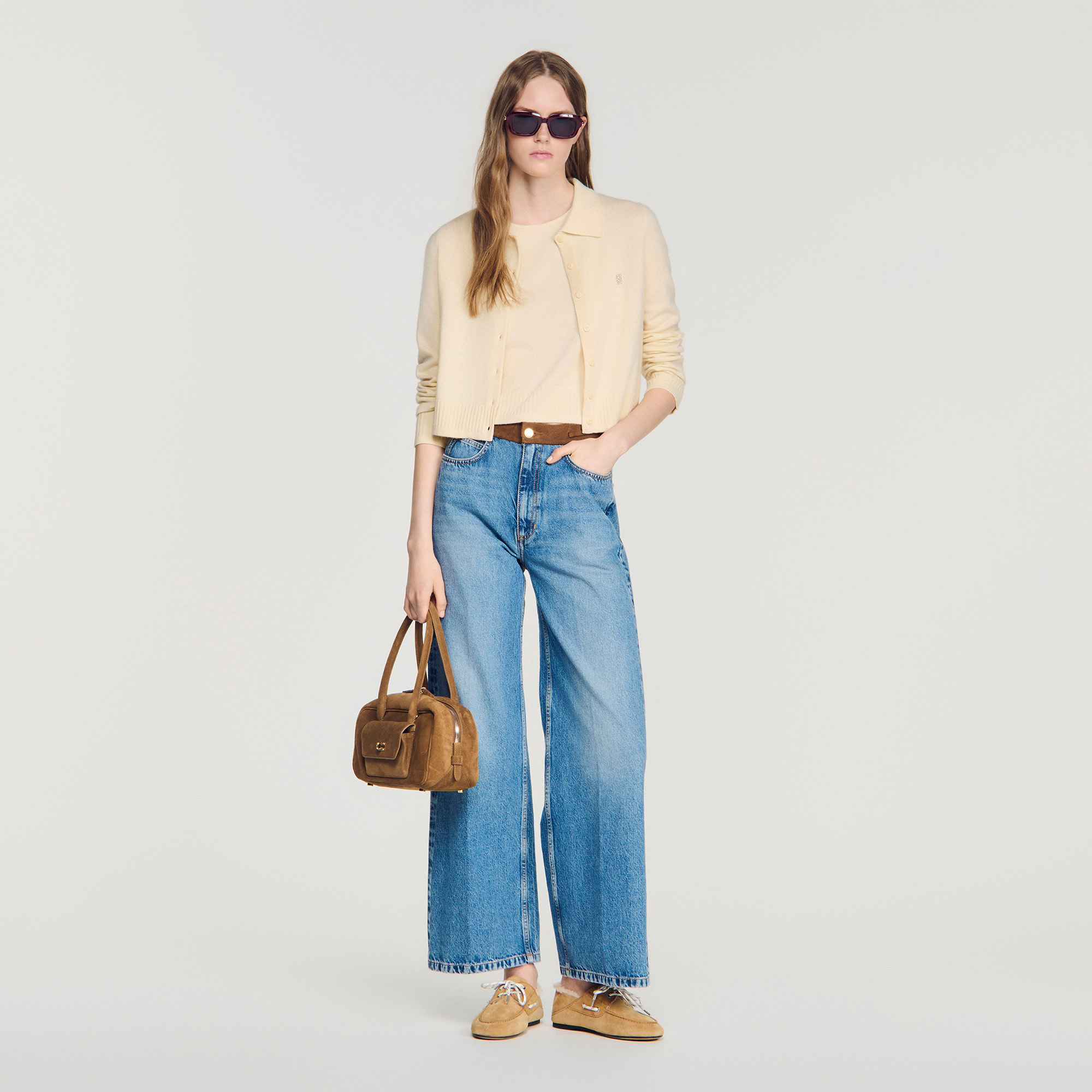 Cardigan with shirt collar in Vanilla for Women | Sandro Paris
