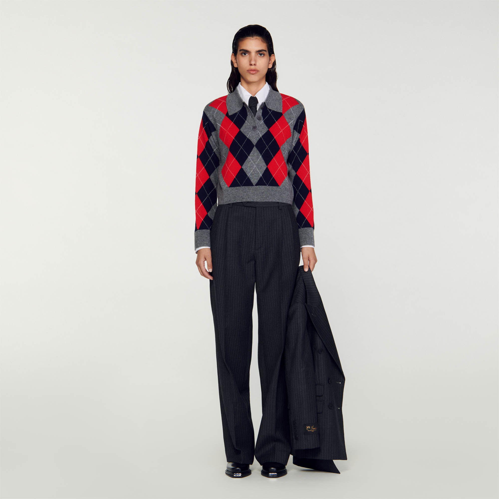 Sandro wool Wool and cashmere polo neck sweater with button-down collar and long sleeves, embellished with diamond motifs