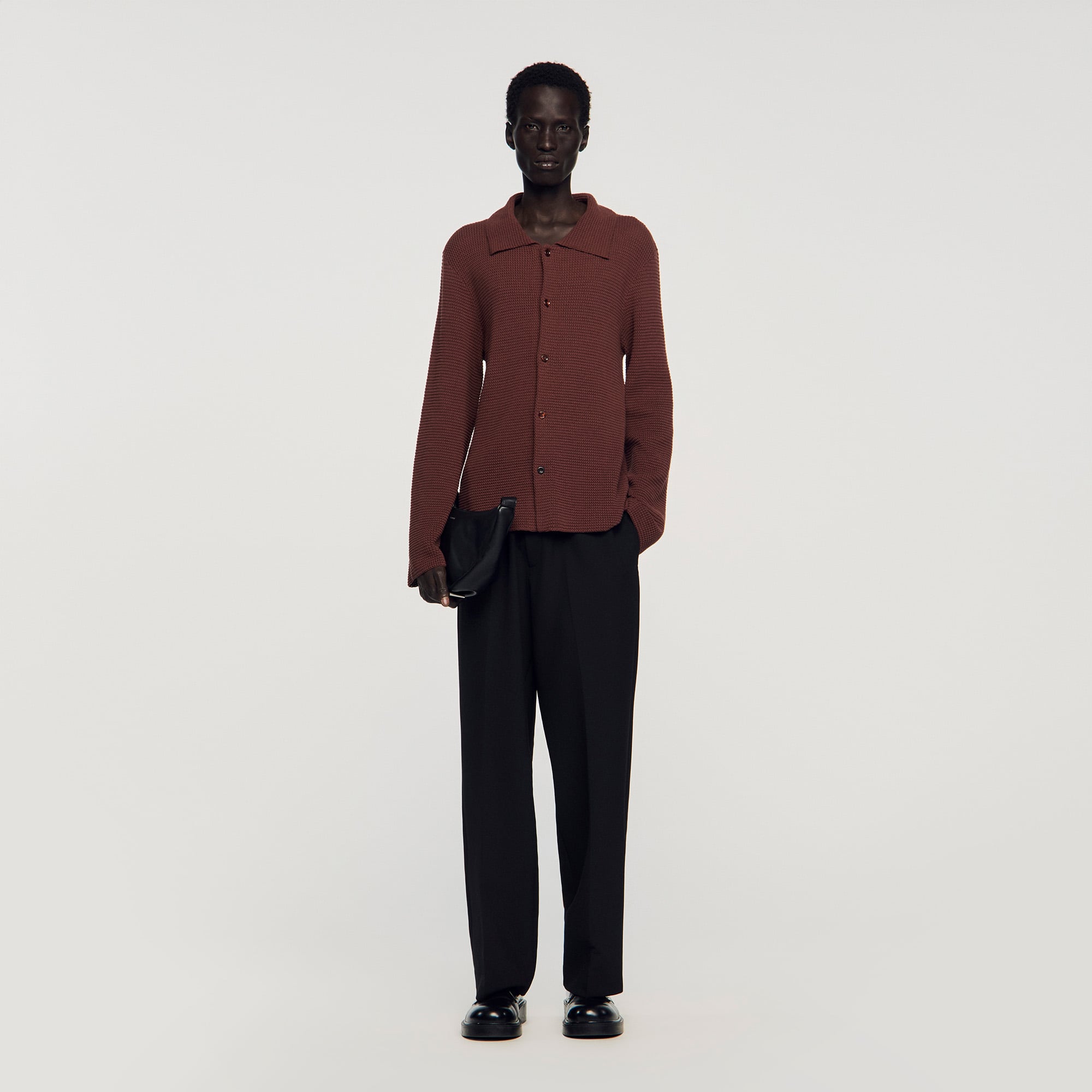 Sandro cotton Flared long-sleeved shirt in a waffle-effect knit