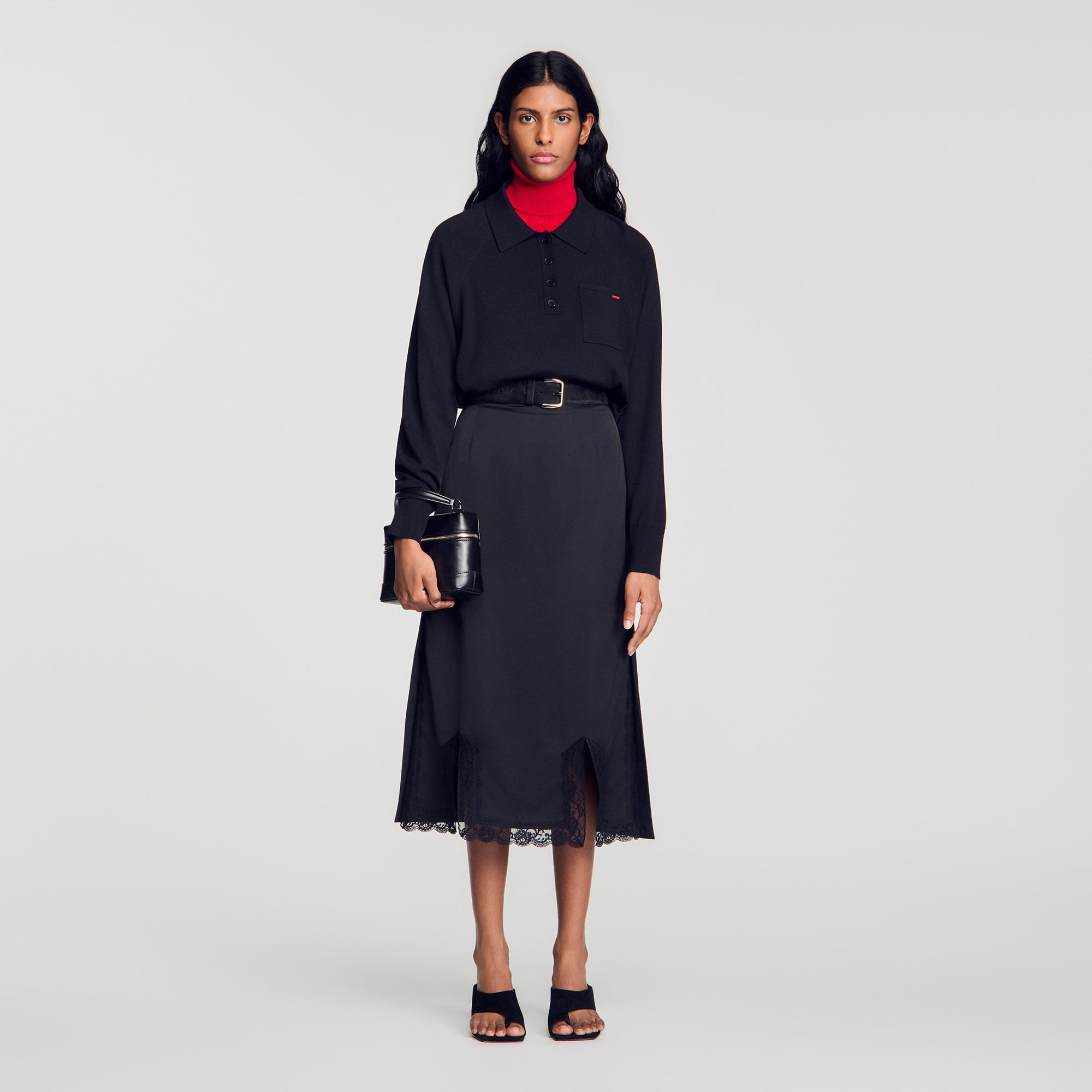 Midi mixed-material lace skirt in Black for Women | Sandro Paris