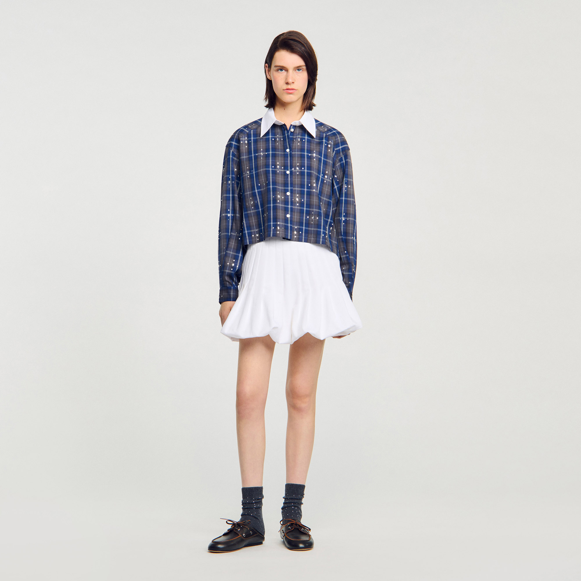 Rhinestone checkered collar shirt